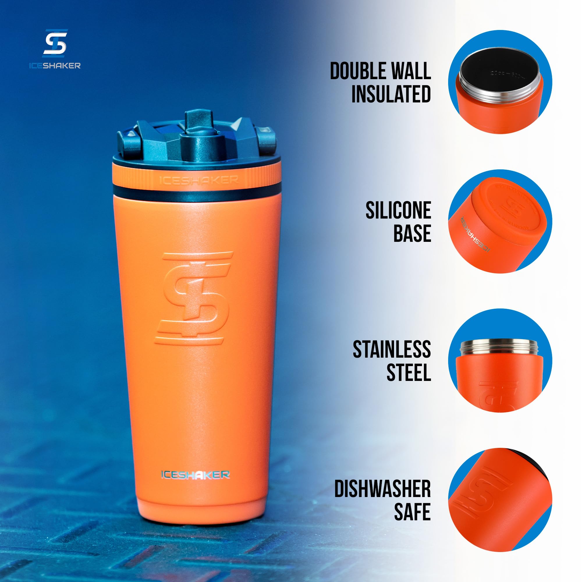 Ice Shaker Insulated Stainless Steel Sports Bottle | 26 oz, Orange | Stays Cold for 30+ Hours | Flip Up Sport Straw | Odor-Free Bottle for Protein Shakes, Water, Intra-Workout