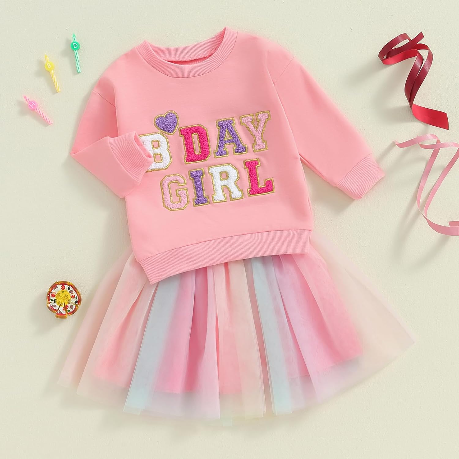 Toddler Baby Girls Birthday Outfits Birthday Girl Embroidery Letter Sweatshirt Tops+Rainbow Tutu Skirt Fall Clothes - Image 3