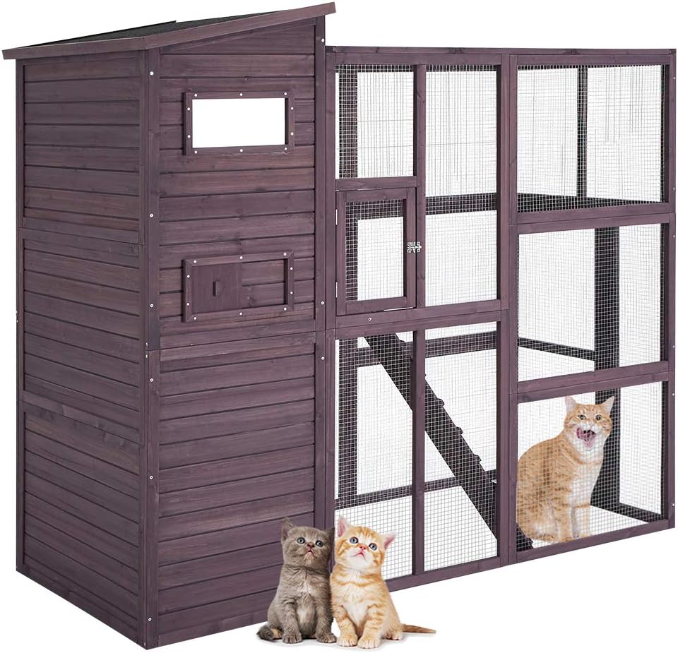 Esright Large Cat House with Run, Outdoor Enclosure Cat Cage, Catio Playpen for Lounging, Wooden House, Gray