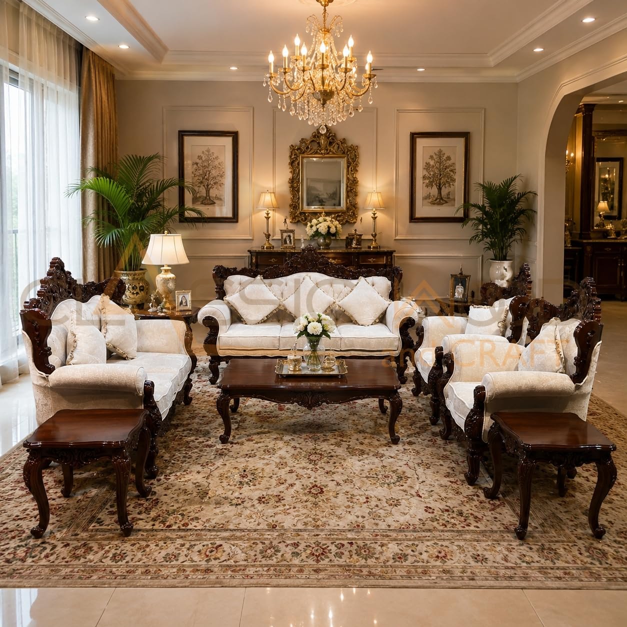 Royal Victorian Wooden Sofa Set 3+2+1+1 Center Table & Side Tables Handcrafted Teak Wood Frame Luxury Upholstered Maharaja Style Living Room Furniture for Home-picture-18