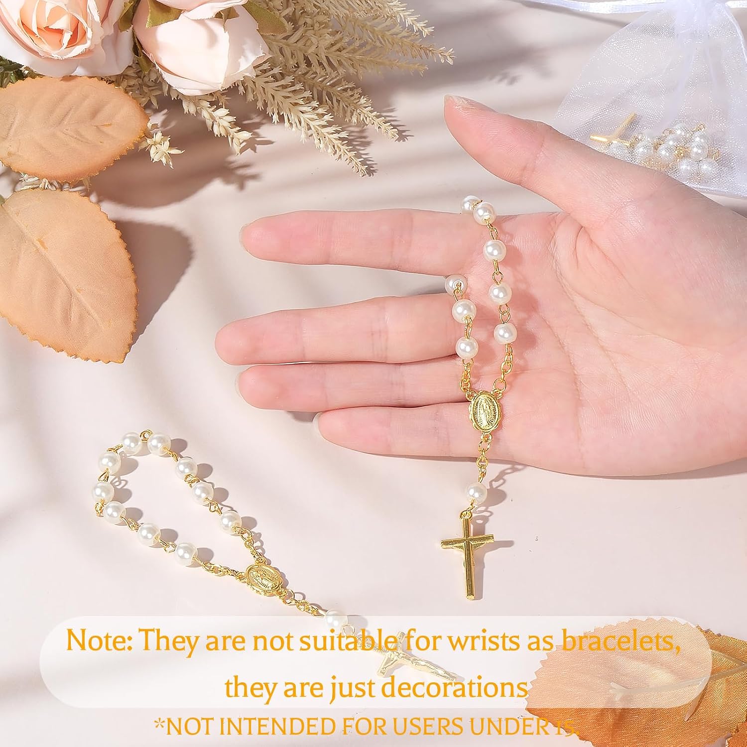 10 Set Baptism Party Favors Mini Rosary Beads Faux Pearls with Organza Bags for Christening Weddings First Communion Party Favors