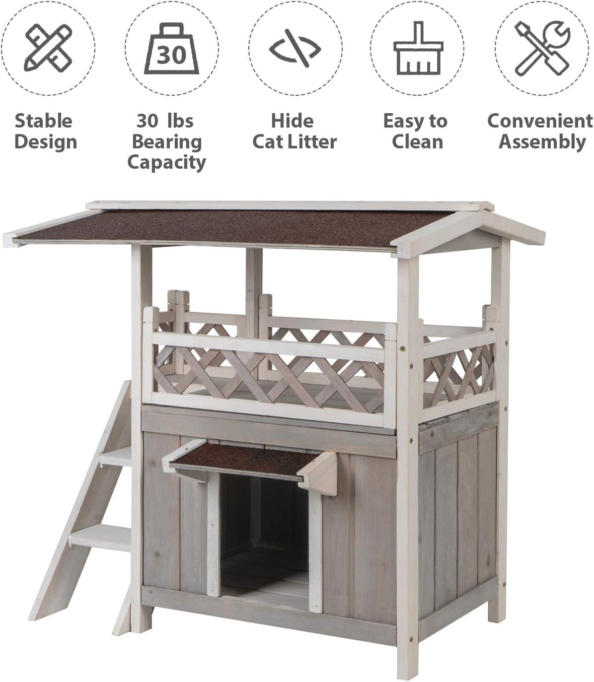 Scurrty Wooden Cat House 2 Story Outdoor Indoor Cat Condo with Raised Waterprrof Roof and Balcony Cat Condo House Small Animal Cage (Cat House) : Pet Supplies