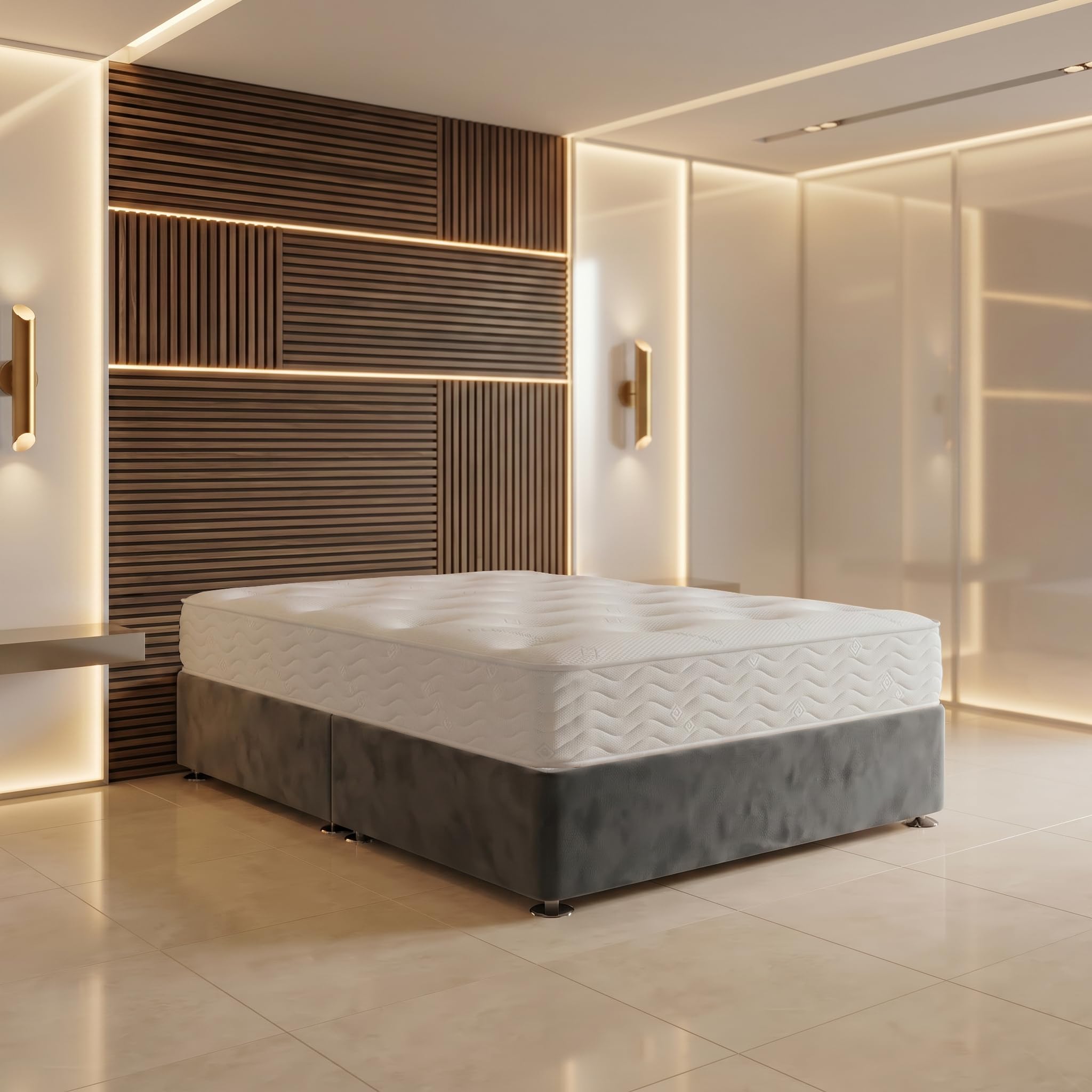 Bed Centre Ziggy Grey Plush Sprung Memory Foam Divan Bed with Mattress – Single (90×190 cm) | No Headboard, No Drawers | UK Made