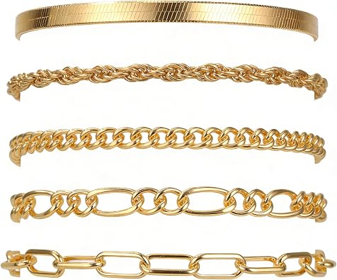 Gold Bracelet Set, 14K Gold Plated Stackable Paperclip & Cuban Link Chain Set