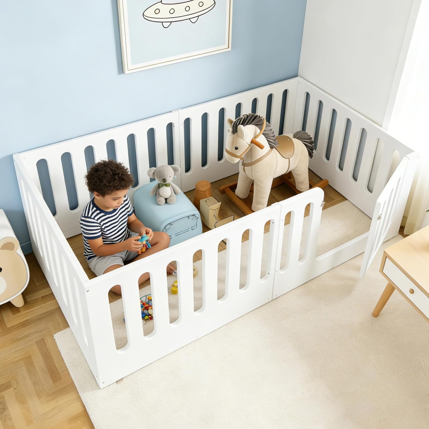 Bellemave Twin Size Kids Floor Bed with High Fence & Door, Wooden Twin Montessori Floor Beds with Low-Profile Design for Kids Girls Boys (White)