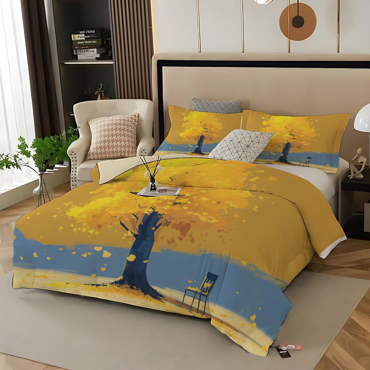 Funda nórdica King reversible de ginkgo dorado en microfibra cepillada