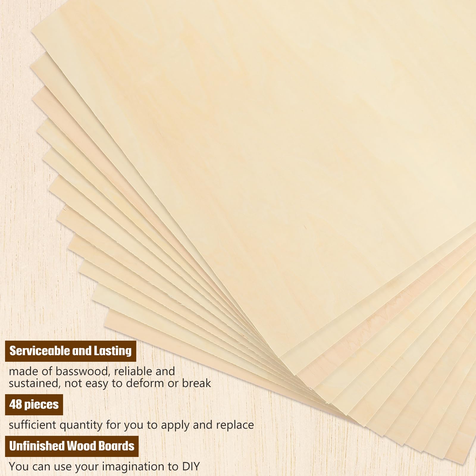 Riakrum Hojas de tilo - Tablero de madera contrachapada sin terminar para manualidades para proyectos láser arquitectónicos, mini construcción de casas y pasatiempos (12 x 18 x 1/8 pulgadas, 48)