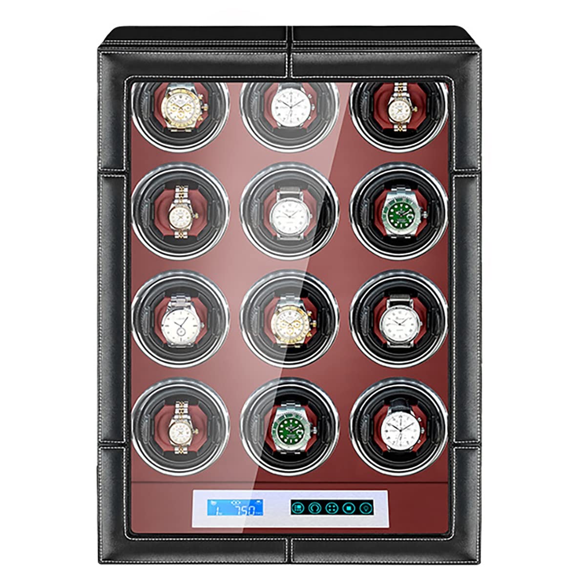 Rotomat do 12 zegarków automatycznych, lite drewno, skóra, ekran LCD