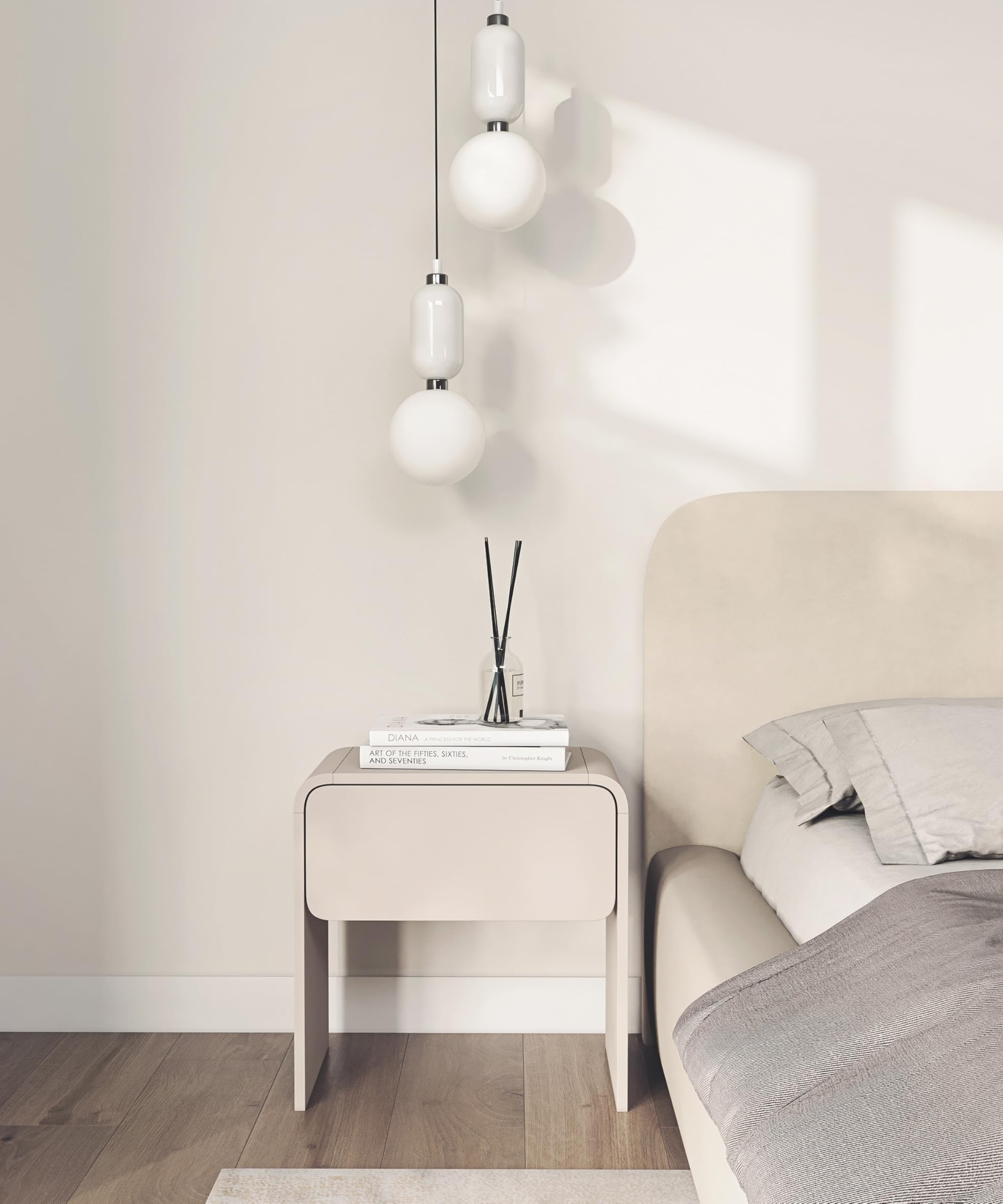 Selsey Moderner Nachttisch 50 cm mit Schublade im eleganten Kaschmirton Deal fürs Schlafzimmer. Robuste PVC-Kanten, skandinavisches Design und praktischer Stauraum für Bücher, Brille und Accessoires.