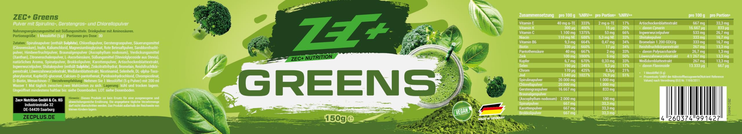 ZEC+ GREENS Superfood Drink – Mikronährstoffe Pulver 150g – mit Gerstengras, Spirulina & Chlorella, reich an Vitaminen & Mineralstoffen, 100% vegan, Made in Germany