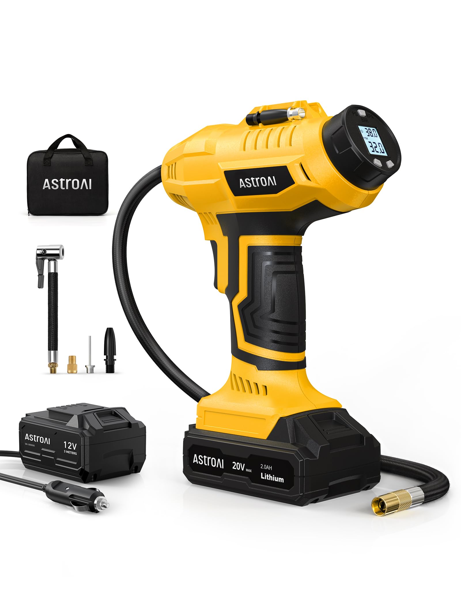 AstroAI Cordless Tire Inflator Air Compressor 20V Rechargeable Battery Powered 160PSI Portable Air Pump with 12V Car Power Adapter Digital Pressure Gauge for Cars Motorcycles JY16P160-18（C2）Yellow