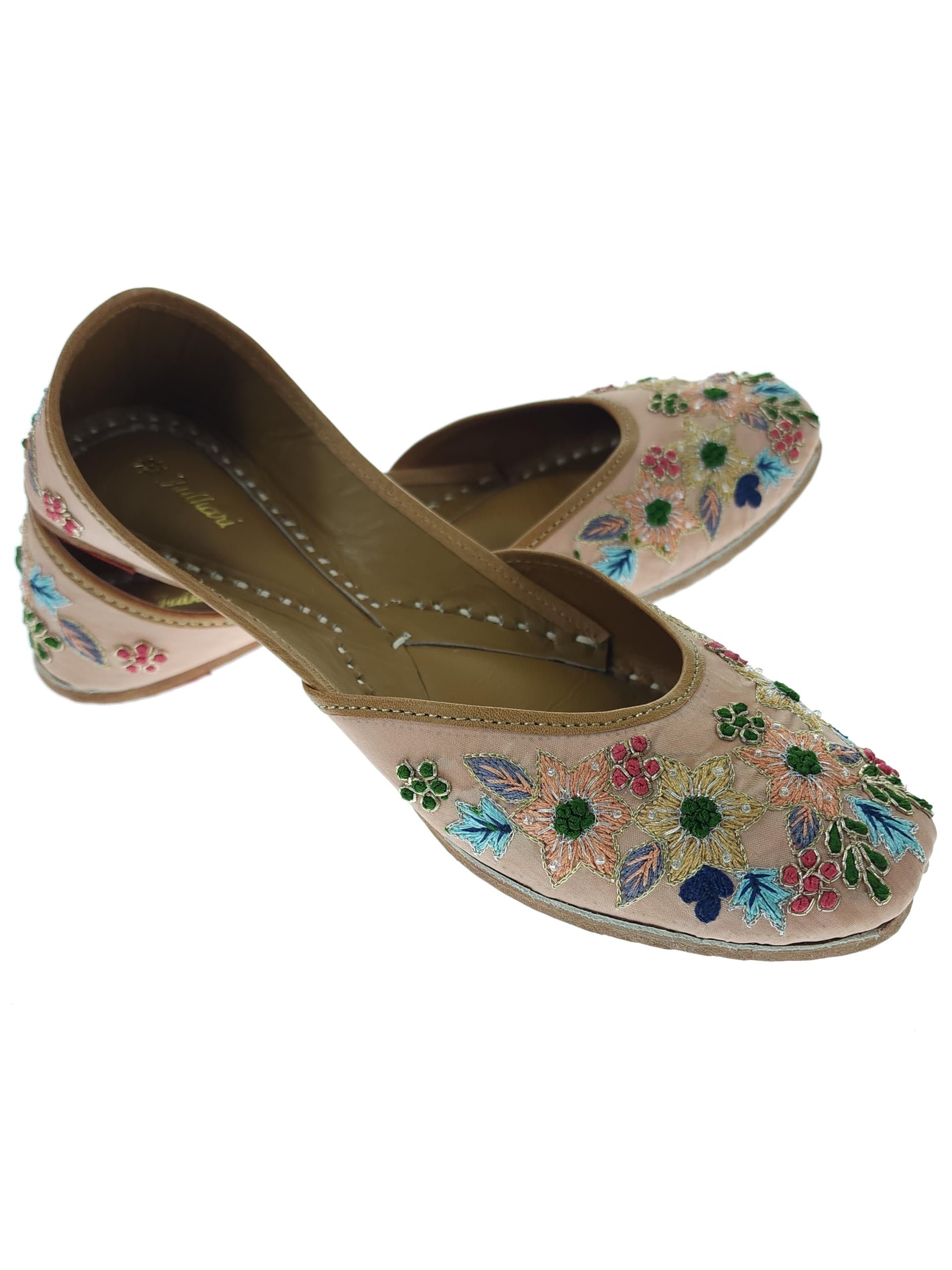 fulkari Women Nicotiana Peach Gold Multi Genuine Soft Leather Embroidered Jutis | Bite and Pinch Free Jutti | Punjabi Formal Juttis | Girl's Wedding Flat Ladies Mojari | Formal Ethnic Juti |-picture-30