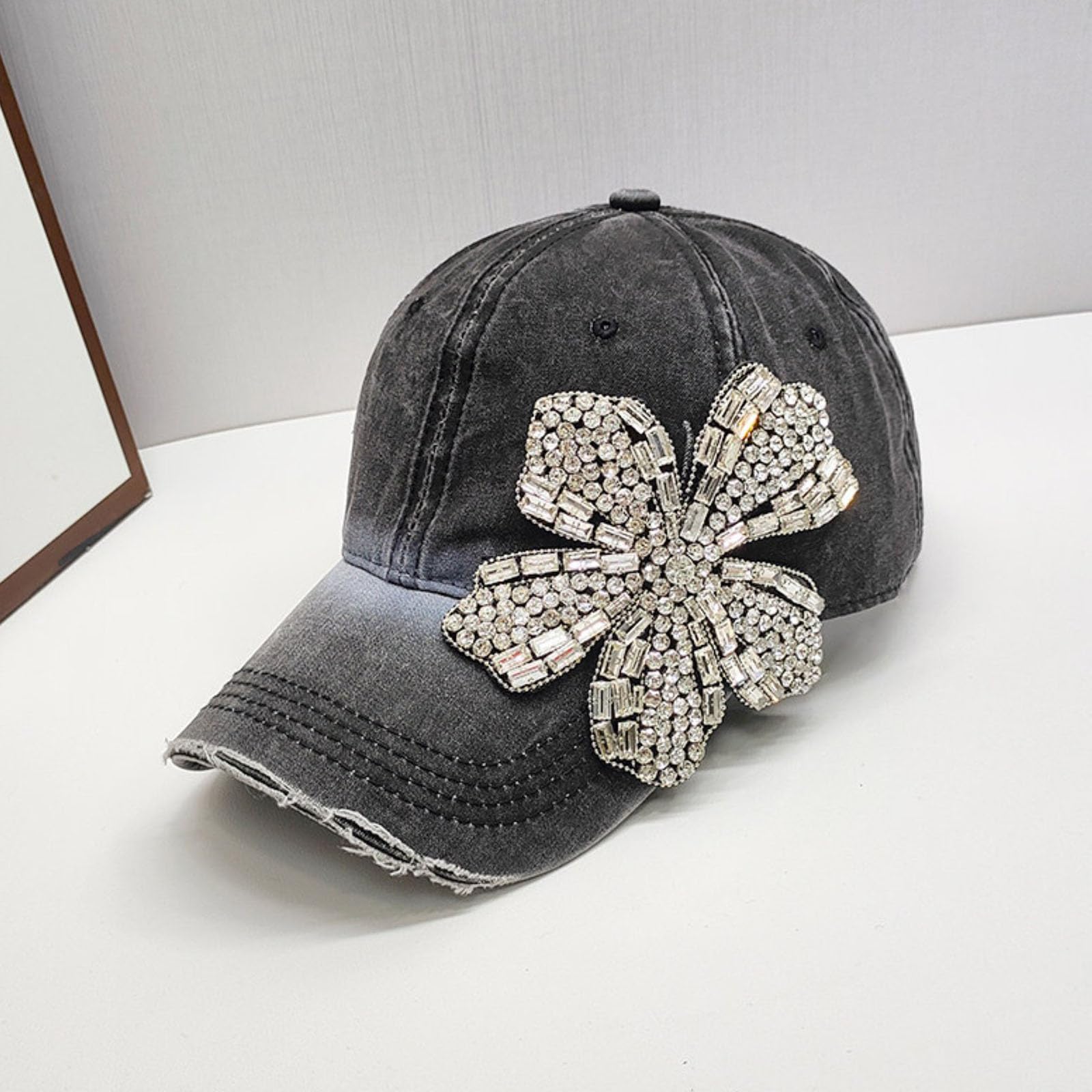 Cappellino Da Baseball Da Donna in Denim Lucido Con Strass Vintage Effetto Invecchiato Con Fiori Scintillanti Regolabile Modello Trucker