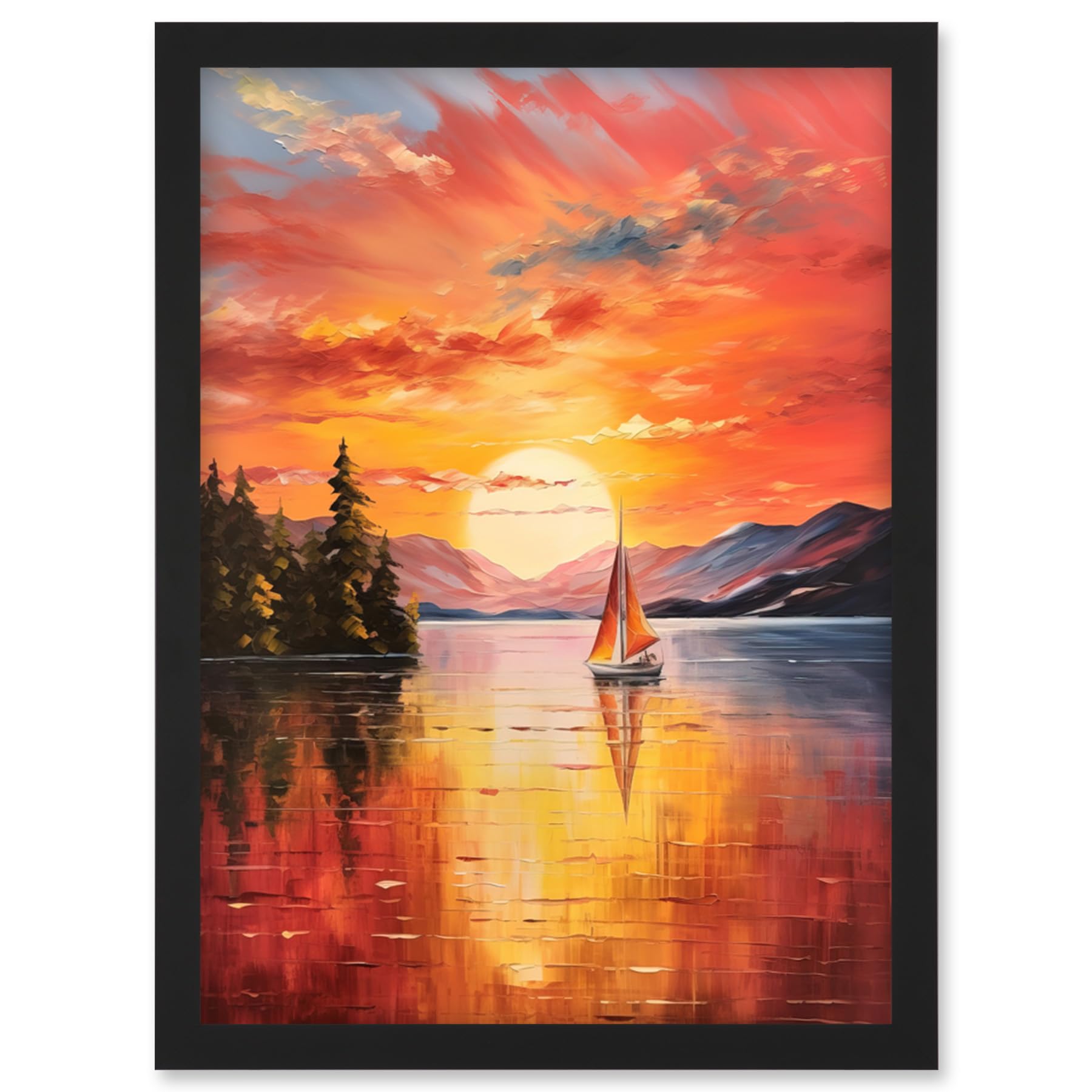 Artery8 Serene Lake Sunset Sailing Vibrant Oil Painting Sail Boat Lakeside Mountain Landscape Wall Art PrintA4 Size from B&Q