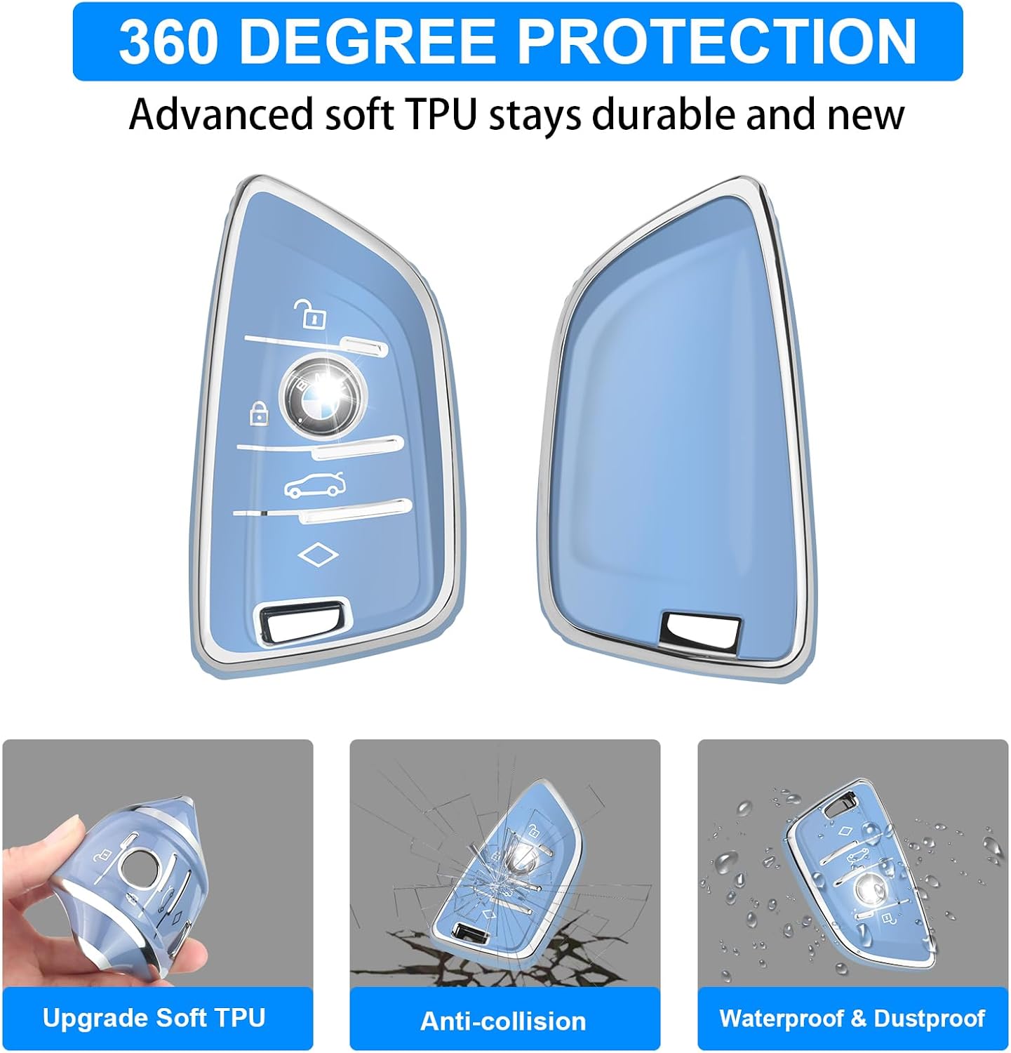 QBUC for BMW Key Fob Cover, Soft TPU Key Case for BMW 2 4 5 6 7 Series X1 X2 X3 X4 X5 X6 M8 M7 M6 M5 M4 M Series 430i 340i 840i 2015-2023 Key Protector with Keychain (Blue)