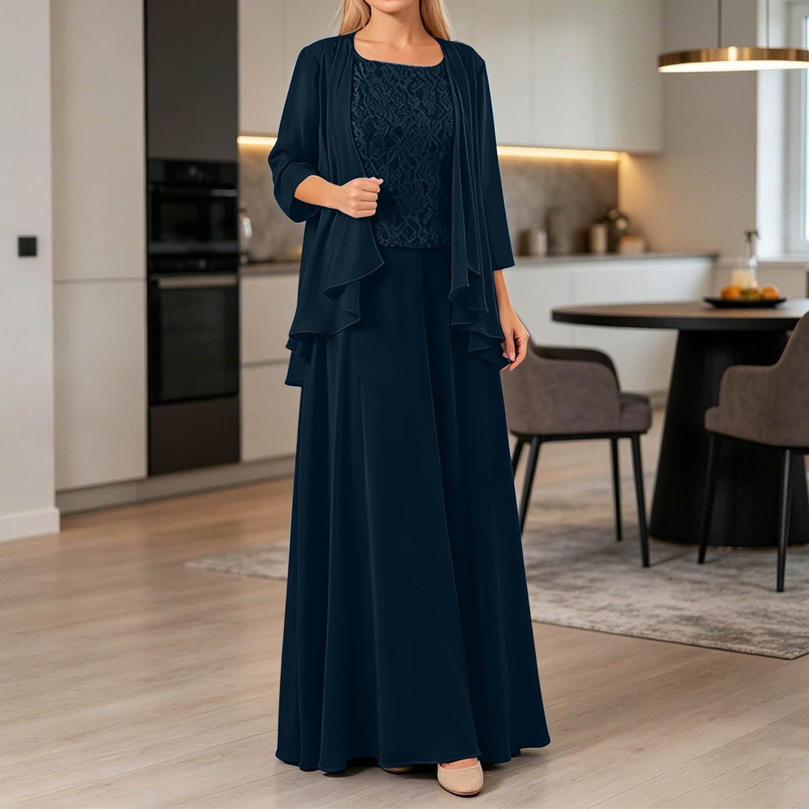 Generisch Tuta da donna, 3 pezzi, con pantaloni, abito da ballo, elegante abito per il tempo libero, top in pizzo, cardigan a maniche lunghe e pantaloni in chiffon, abito da sposa per matrimonio