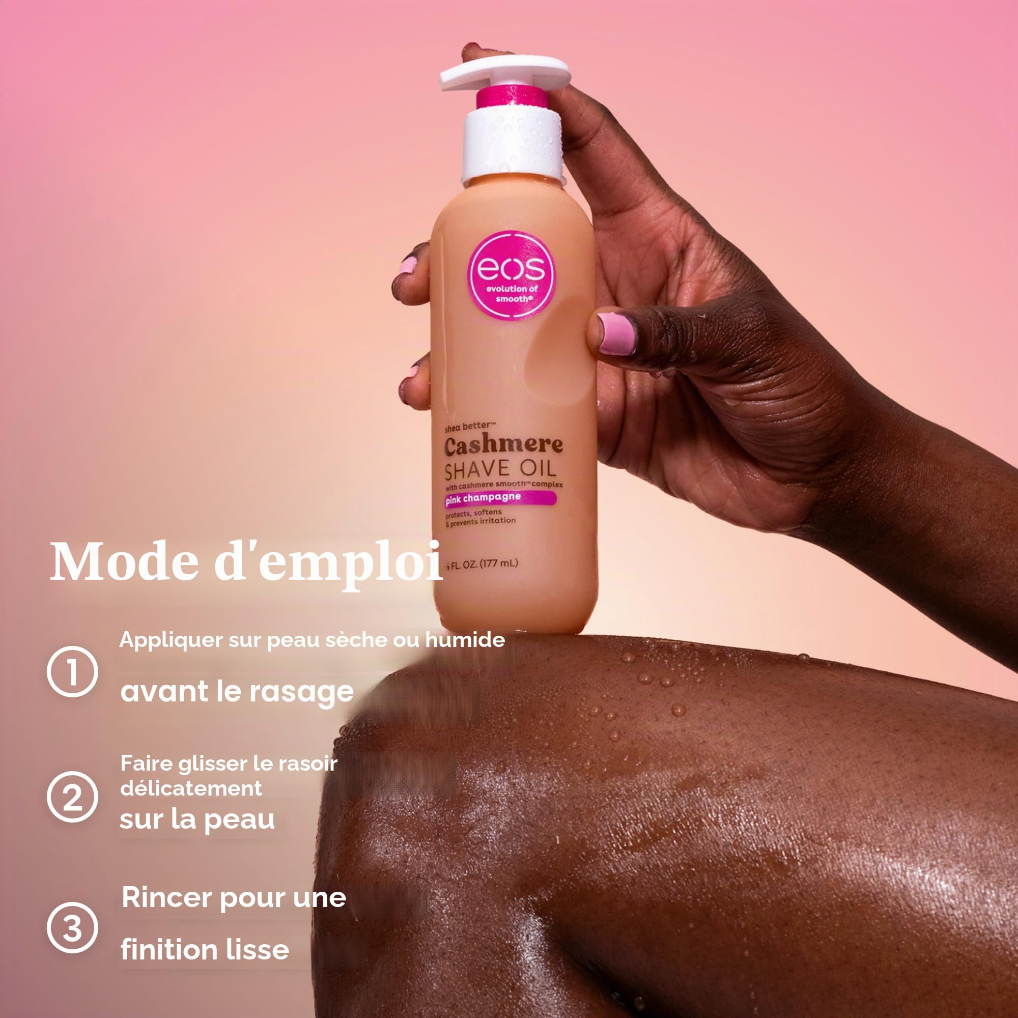 eos Cashmere Shave Oil - Huile de rasage hydratante rose champagne - Avec beurre de karité et glycérine - Pour peaux sensibles - 177 ml / 6 fl oz