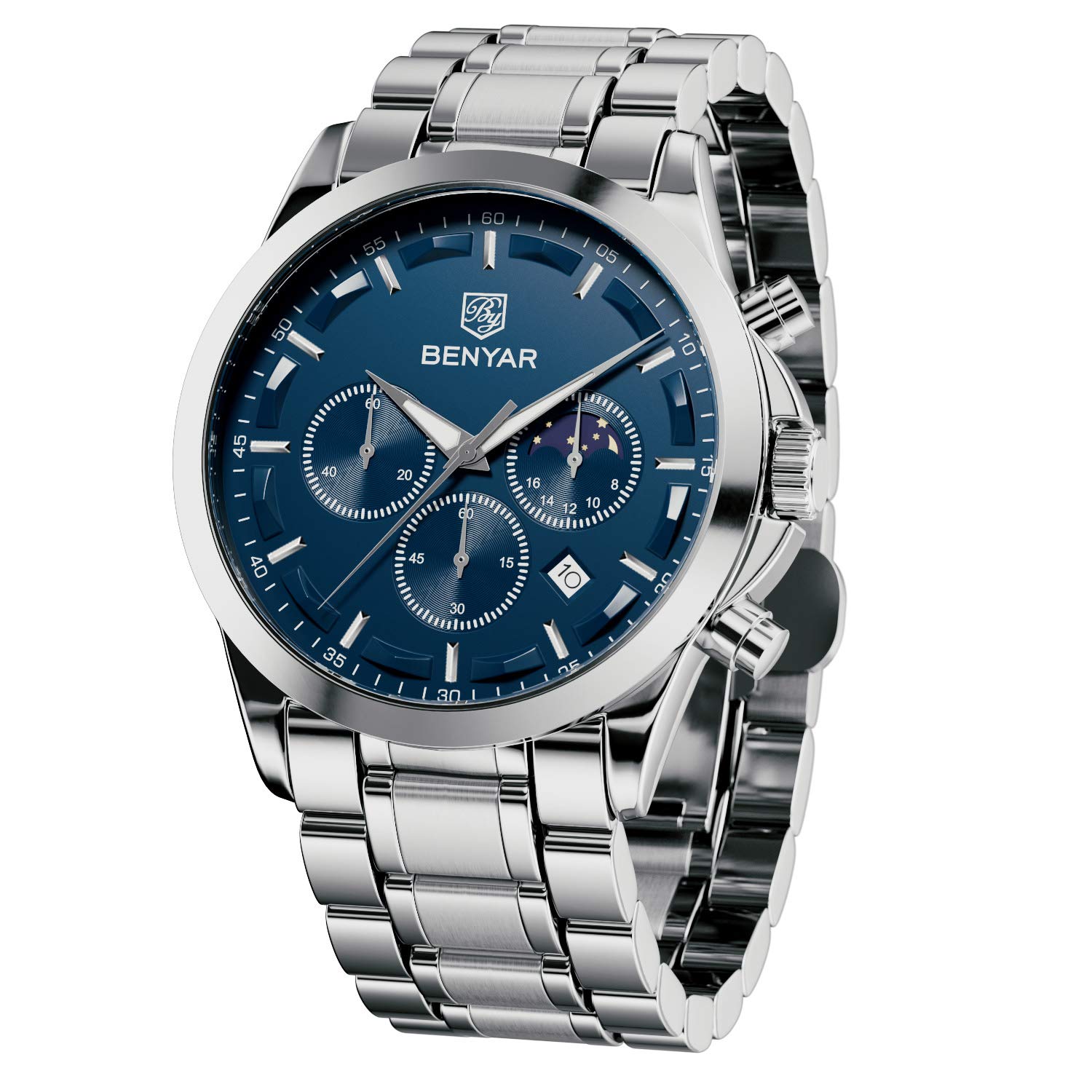 BENYAR Montre Homme Chronographe 30M Etanche Lumineuse Classique Mode Montres Bracelet en Acier Inoxydable Grand Cadran Date Ana