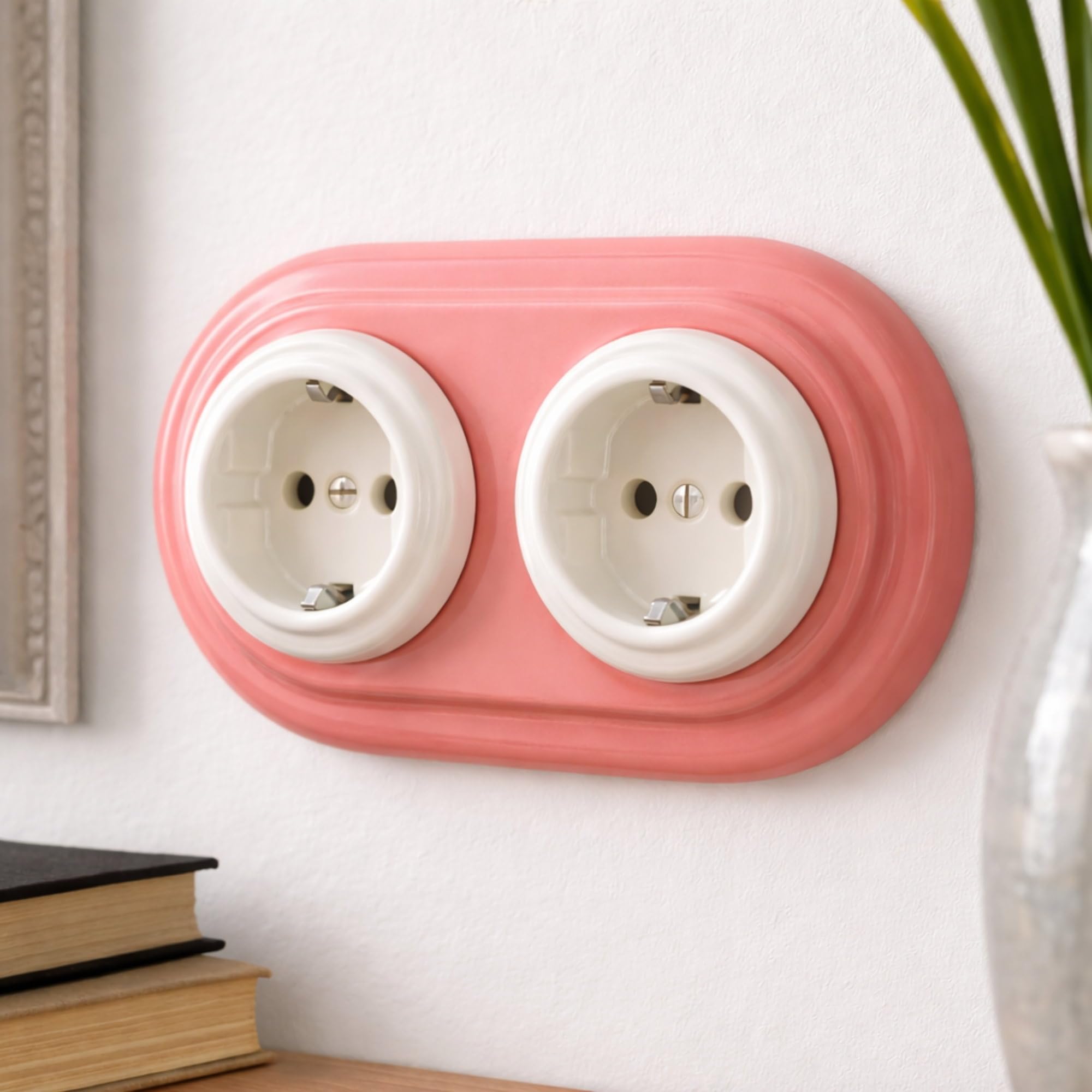 Unterputz Porzellan Retro Steckdose 2-fach, All-in-One, Serie PR1 hellrosa
