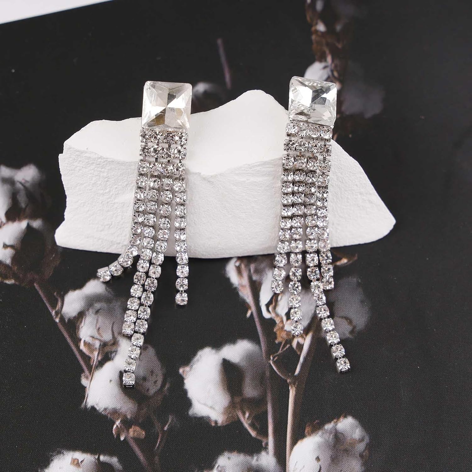 Boho Crystal Tassel Chain Earrings Silver Cz Square Stud Earrings Crystal Chandelier Dangle Earrings Long Rhinestone Fringe Earrings Jewelry for Women - Image 6