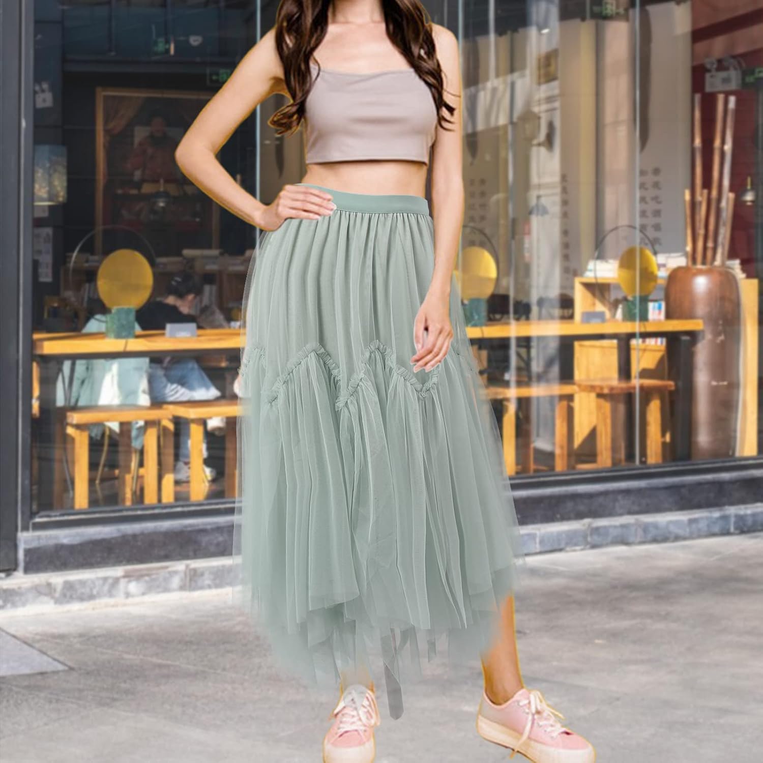 Women's Tulle Skirt Formal High Low Asymmetrical A-Line Fairy Elastic Waist Layered Long Midi Skirts - Image 2