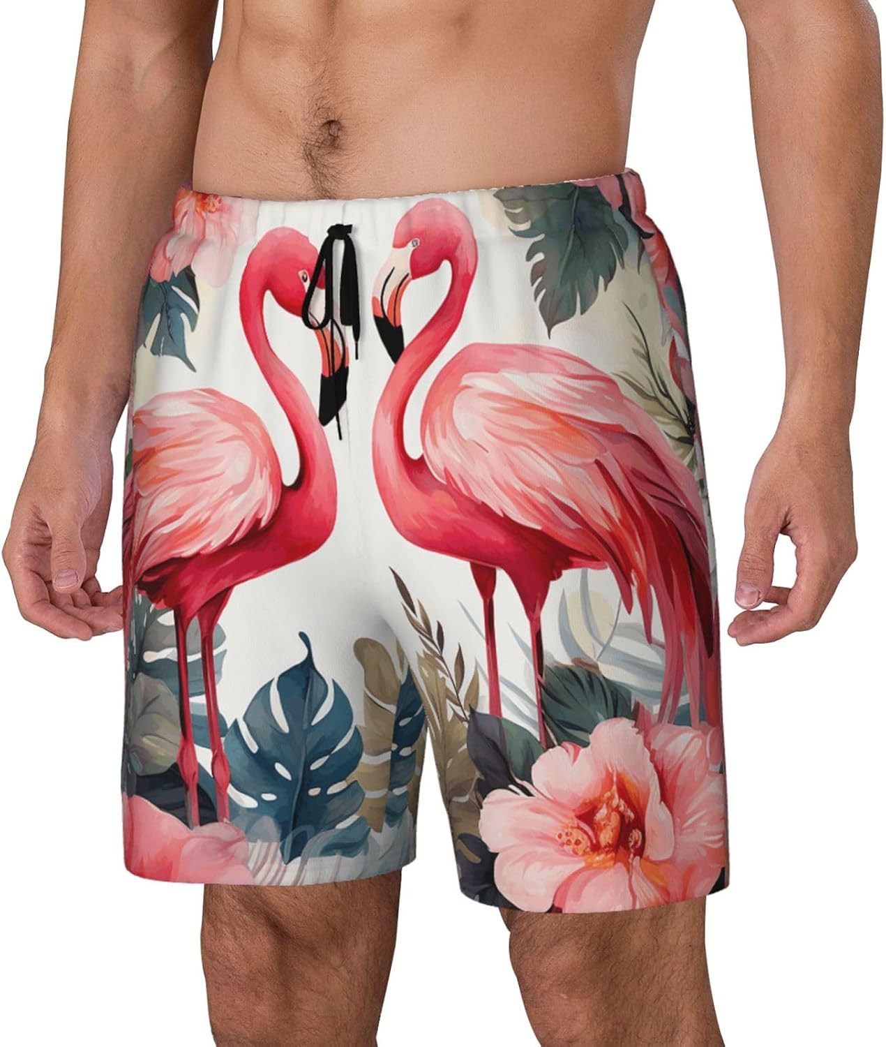 Men's Swim Trunks Quick Dry Board Shorts Mens Bathing Suit Swimsuits Floral with Flamingo Beach Shorts with Pockets