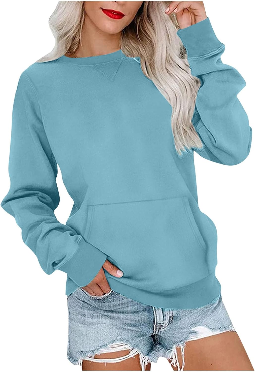 Classic Sweatshirts Women Crewneck Long Sleeve Basic Shirt Tops Lightweight Fashion Oversized Pullover with Pocket