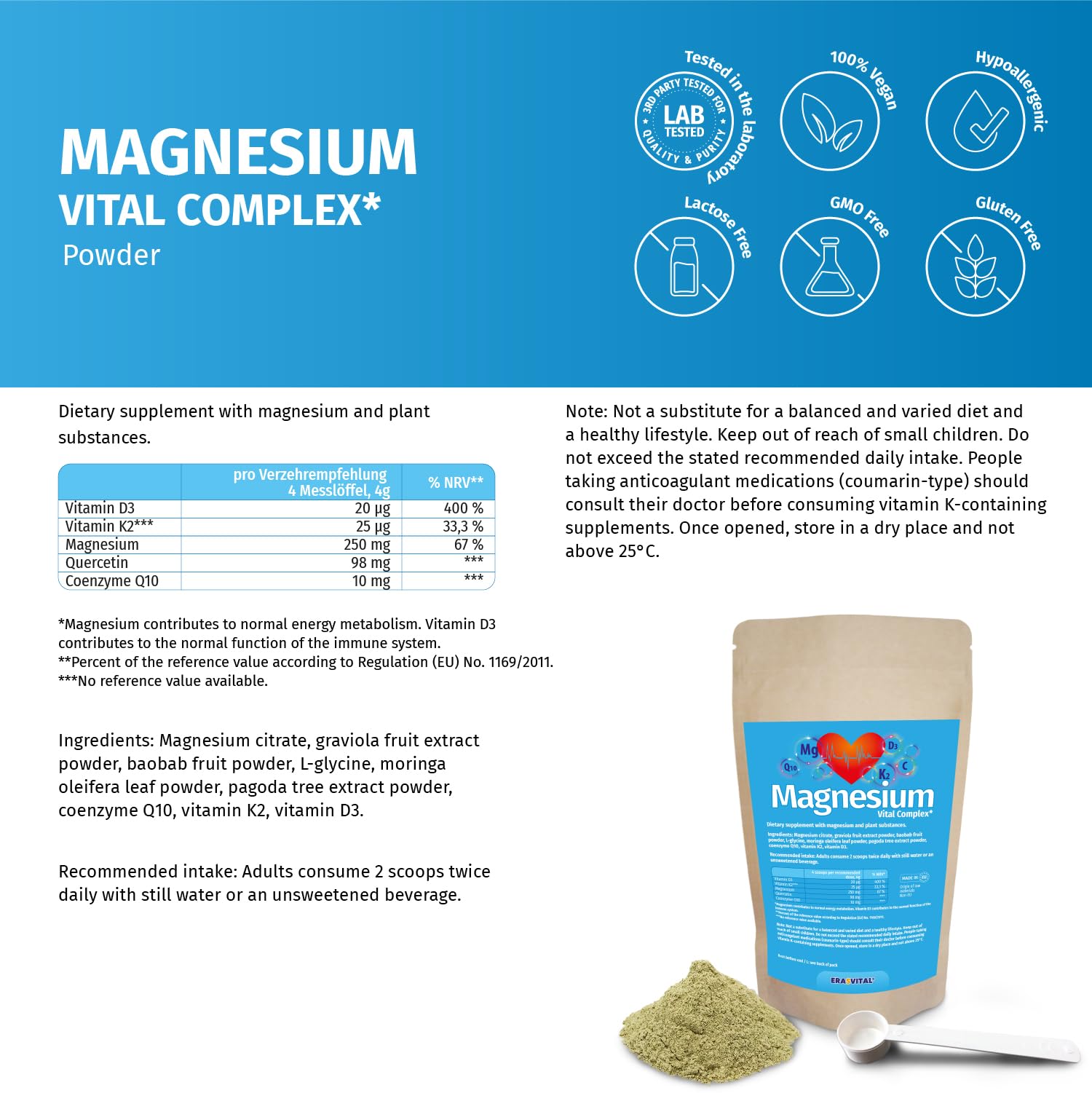 Magnesium Vitalkomplex Pulver mit Magnesium-Citrat, Baobab Fruchtpulver, L-Glycin, Coenzym Q10, Vitamin K2, Vitamin D3. Vegan (500 g (1 er Pack))