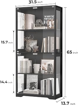 BROTTAR Display Cabinets with Glass Doors, Storage Cabinet with 3 Color Lights and Intelligent Human Sensor, Bookcase for Living Room, Glass Display Cabinets for Collectibles Trophy Books Black
