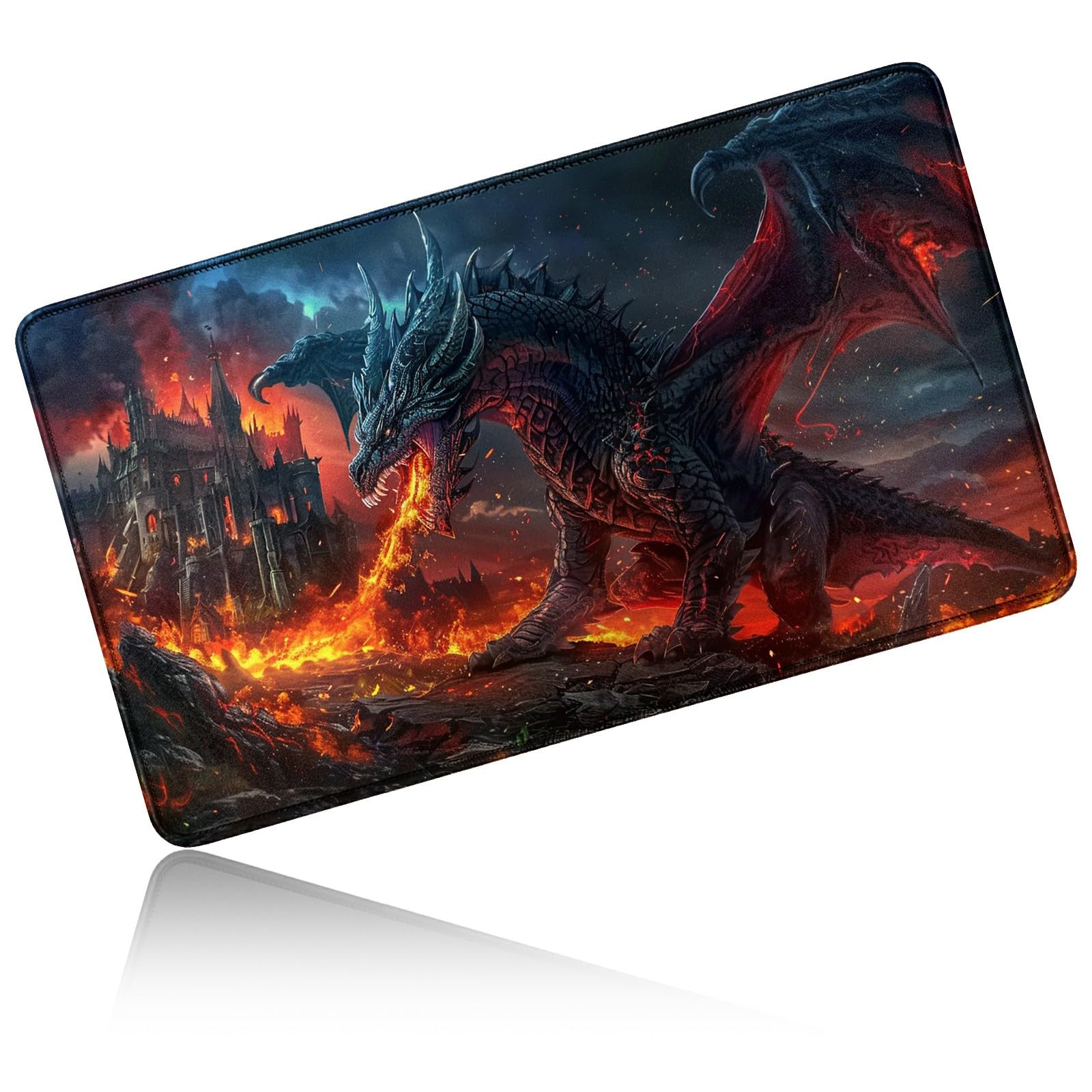 Dikoer for MTG Playmat 24 x 14 Inches, Card Play Mat Stitched Edges Commander Deck Non Slip Rubber Gameplay Desk Pad for DTCG CCG RPG TCG Trading Cards Inked Game with No Zones - Flaming Gray Dragon