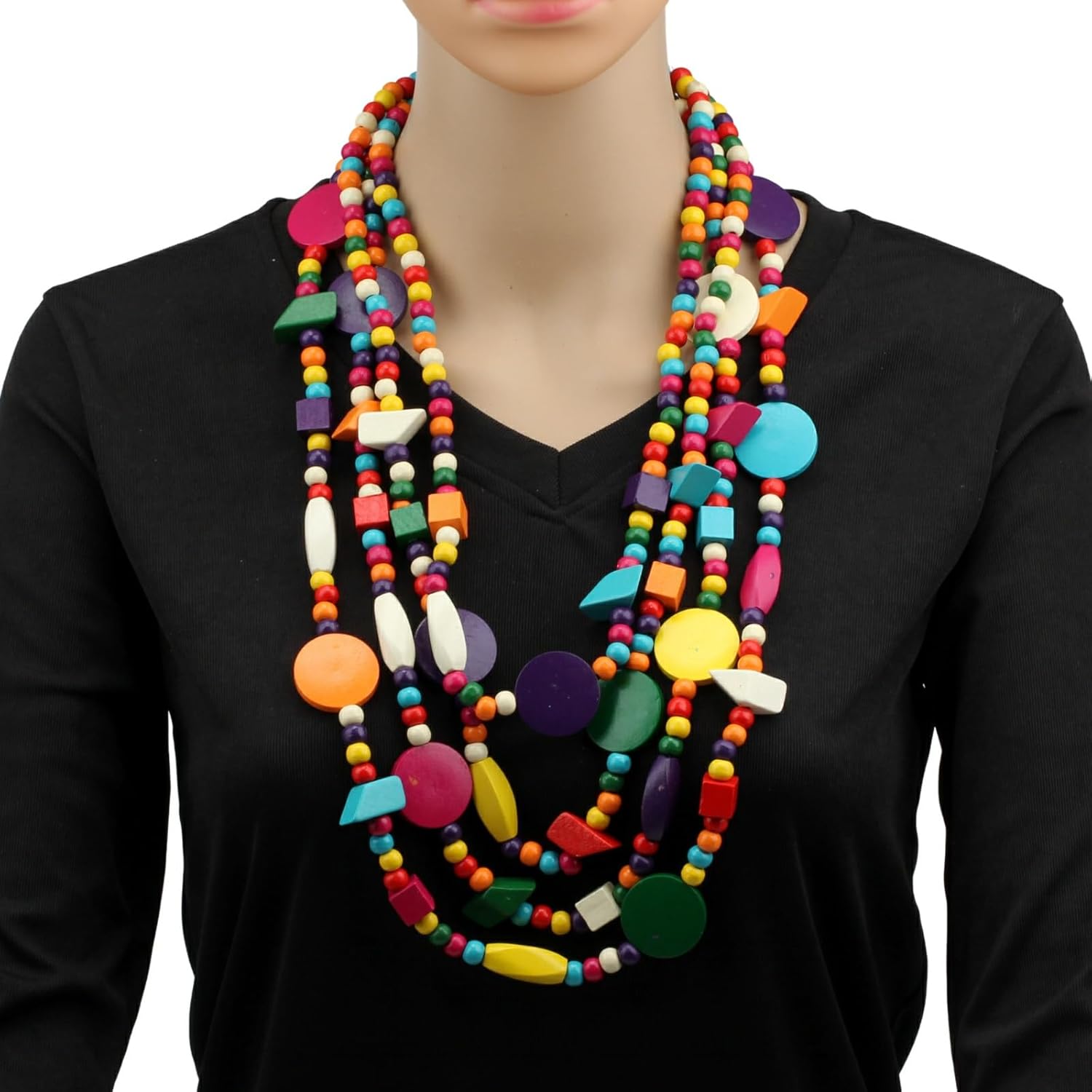 Colorful Beaded Necklace Earrings Set for Women Chunky Statement Wood Ethnic Tribal Multi Strands Bold Bohemian Festival Jewelry - Image 3