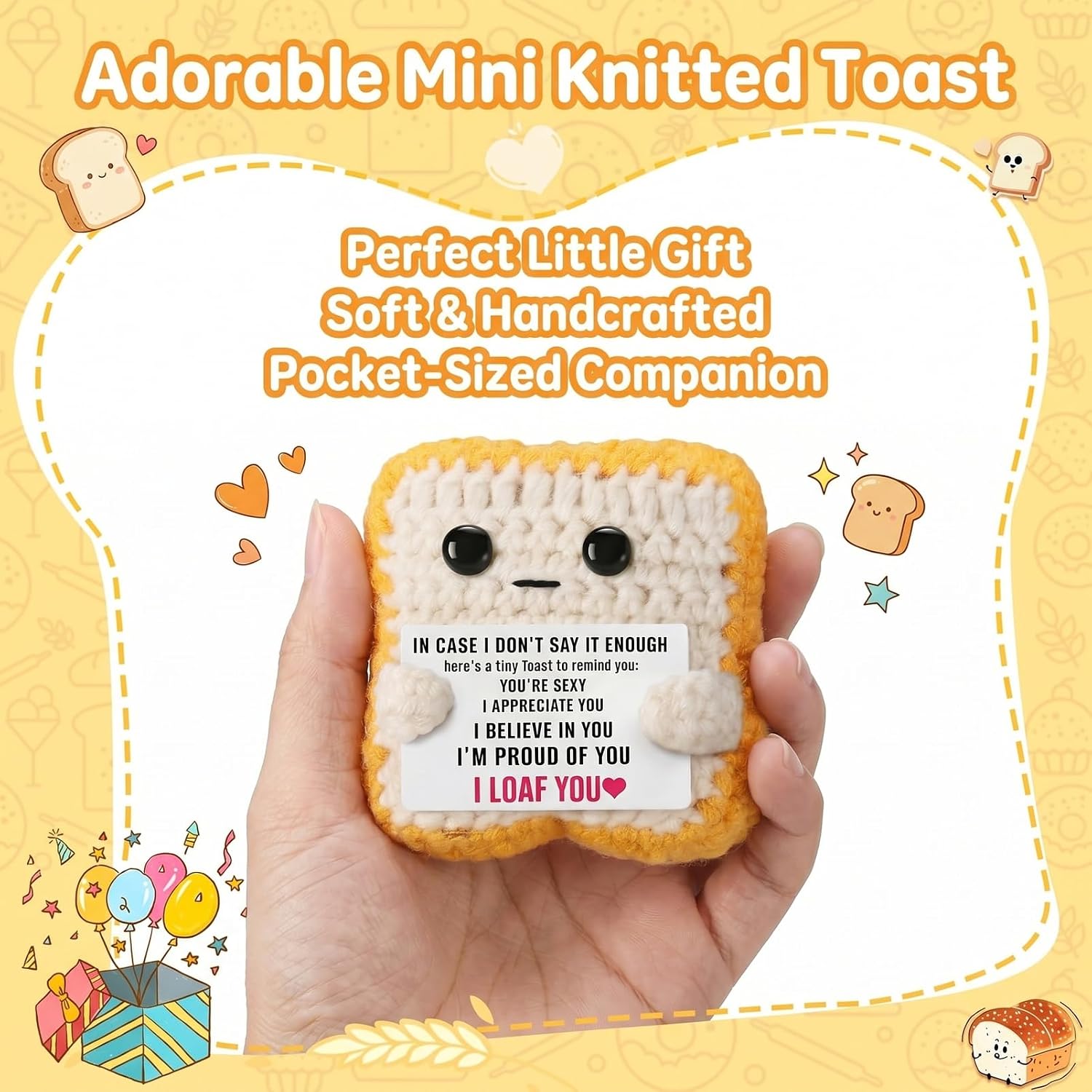Crochet Toast Plush​, Funny I Loaf You​ Sentimental Keepsake for Her Wife Girlfriend, Valentine's Day Anniversary Romantic Gifts​ for Him Husband Boyfriend (Yellow and White)