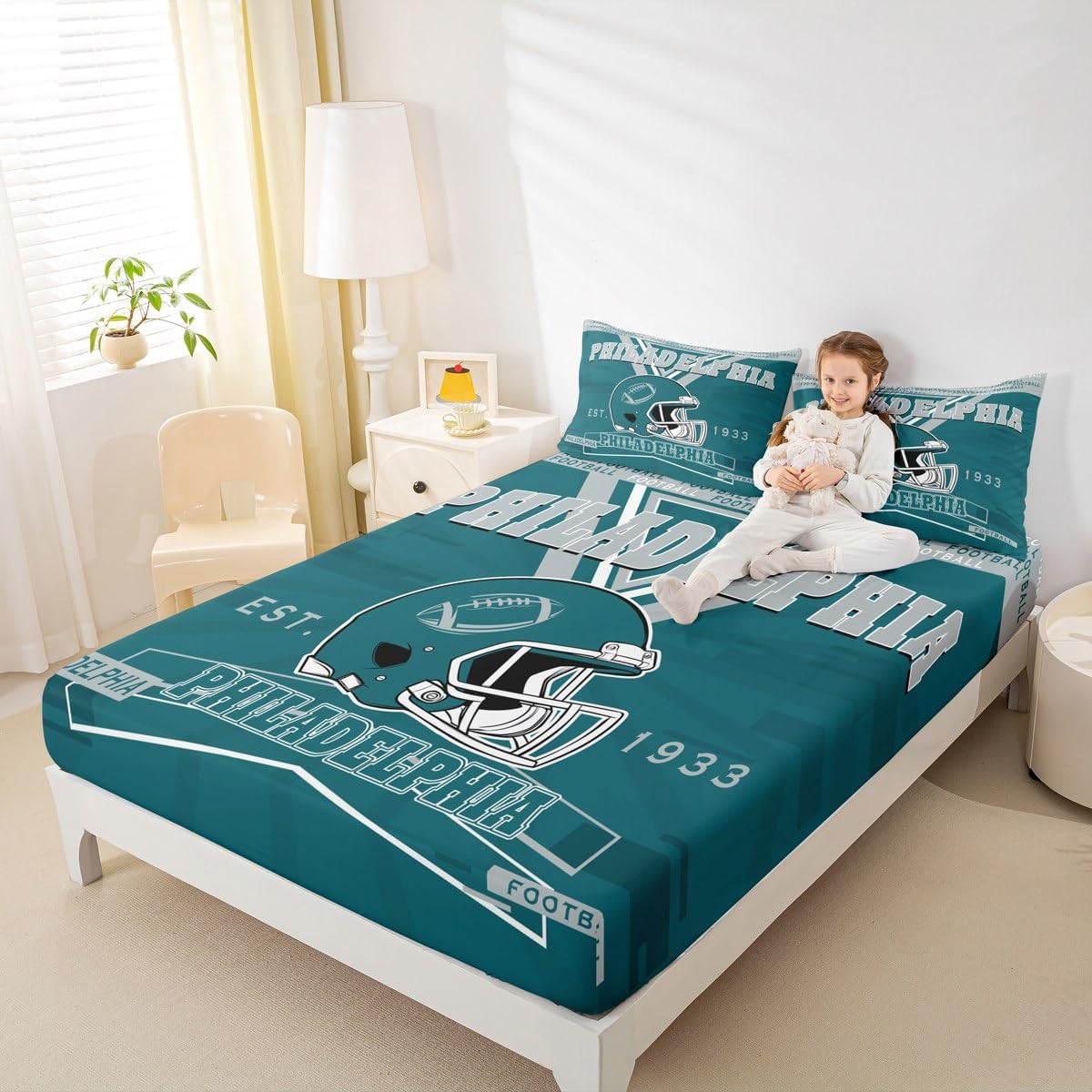 Erosebridal Football Fitted Sheet Full,Rugby Bed Sheets for Football Fan,Football City Bed Set,Sports Bedding Set with 2 Pillowcases Bedroom Decor(Philadelphia)