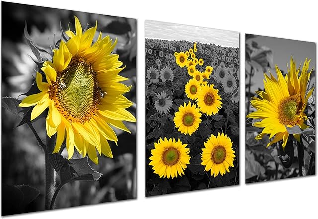 Canvas Wall Art Sunflower Decor - Black White Poster Print Yellow Flowers Blooming Painting Modern Artwork Bedroom Living Room Home Office Decoration Artwork 3 Panels Pictures Unframed 12x16inches