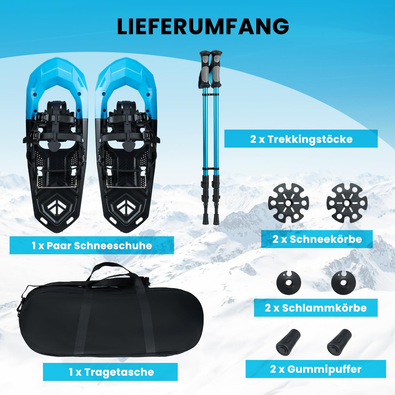 COSTWAY Schneeschuhe mit Steighilfe, Schuhgröße 35-45 bis 90kg, leichtes Schneeschuh-Set mit Trekkingstöcke & Tragetasche für Herren, Damen & Jugendliche