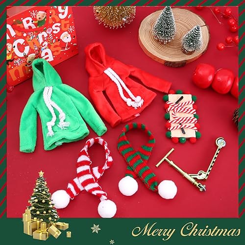 Miniatura 2 de Juego de 6 accesorios de muñeca elfo de Navidad para niños y niñas, ropa de elfo con sudadera, bufandas, columpio de madera, novedoso accesorio