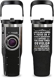 Photography Gifts for Women Men - 30oz Camera Lens Tumbler with Handle & Straw, Vacuum Insulated Stainless Steel Travel Mug for Photographers, Christmas Birthday Valentine's Day Gift