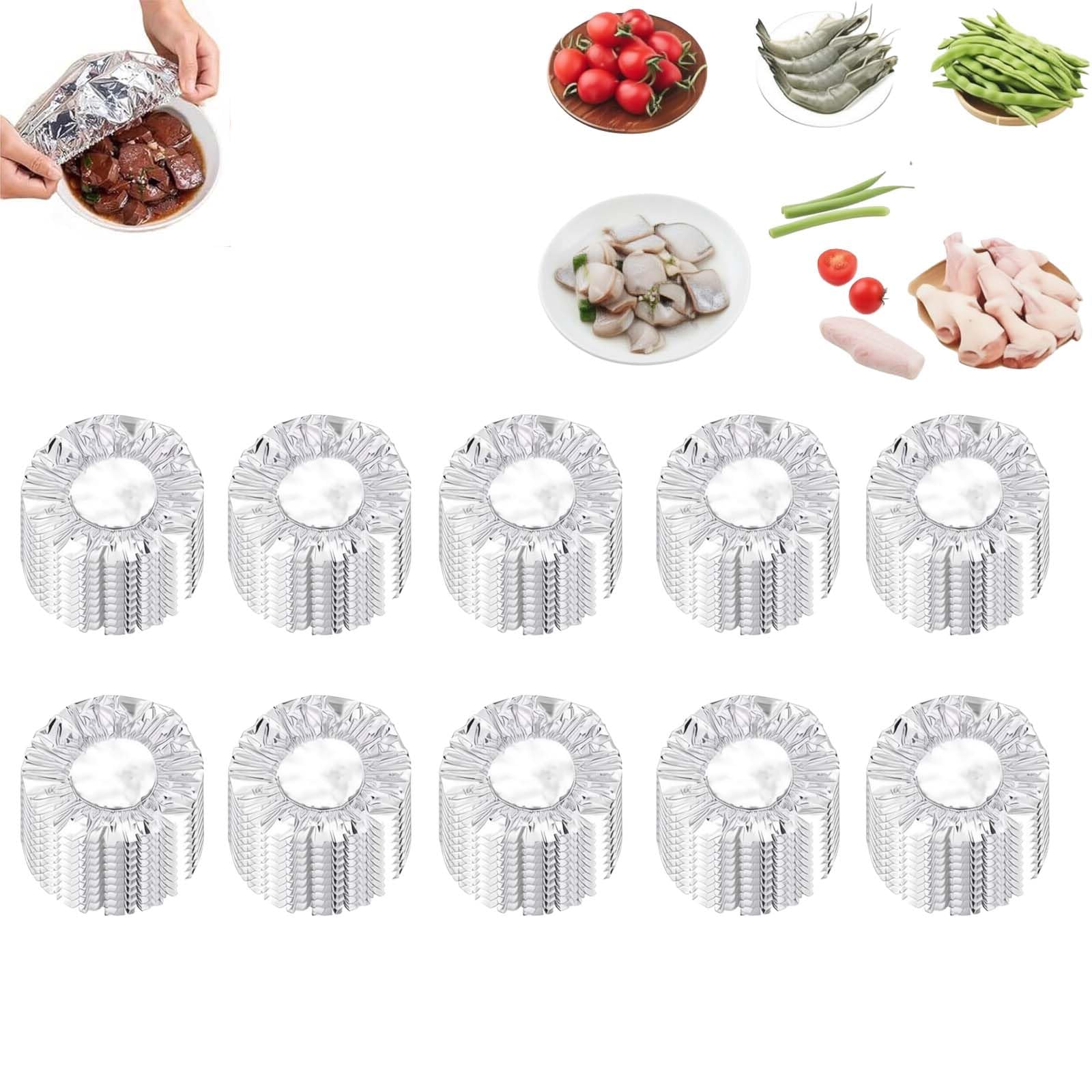 30Pack Aluminum Foil Insulation Covers for Meals Prep, Elastic Food Covers for Fruits Vegetables Leftovers Refrigerator Storage, Aluminum Foil Elastic Food Cover for Kitchen Parties. (100PCS)