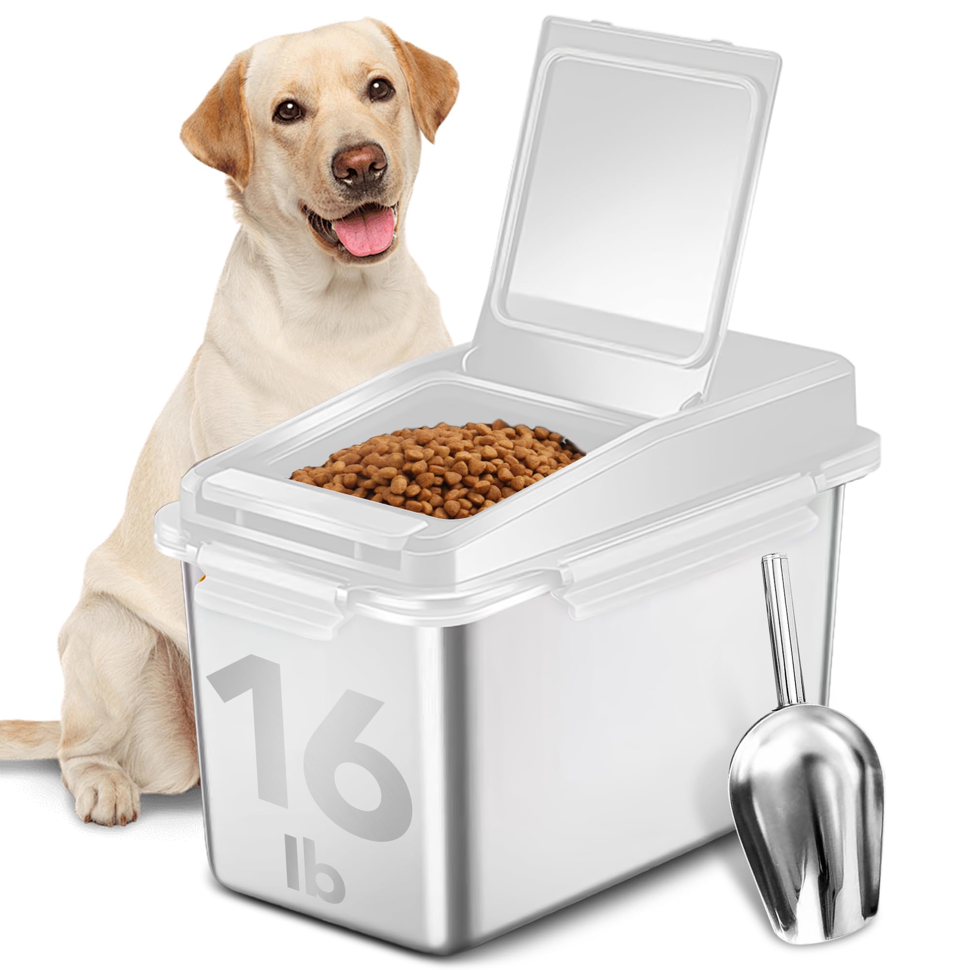 Newget Dog Food Storage Container Stainless Steel with Scoop, 16-lb/11-lb Airtight Metal Pet Food Storage Bin, Cat Food Container for Dry Dog, Cat
