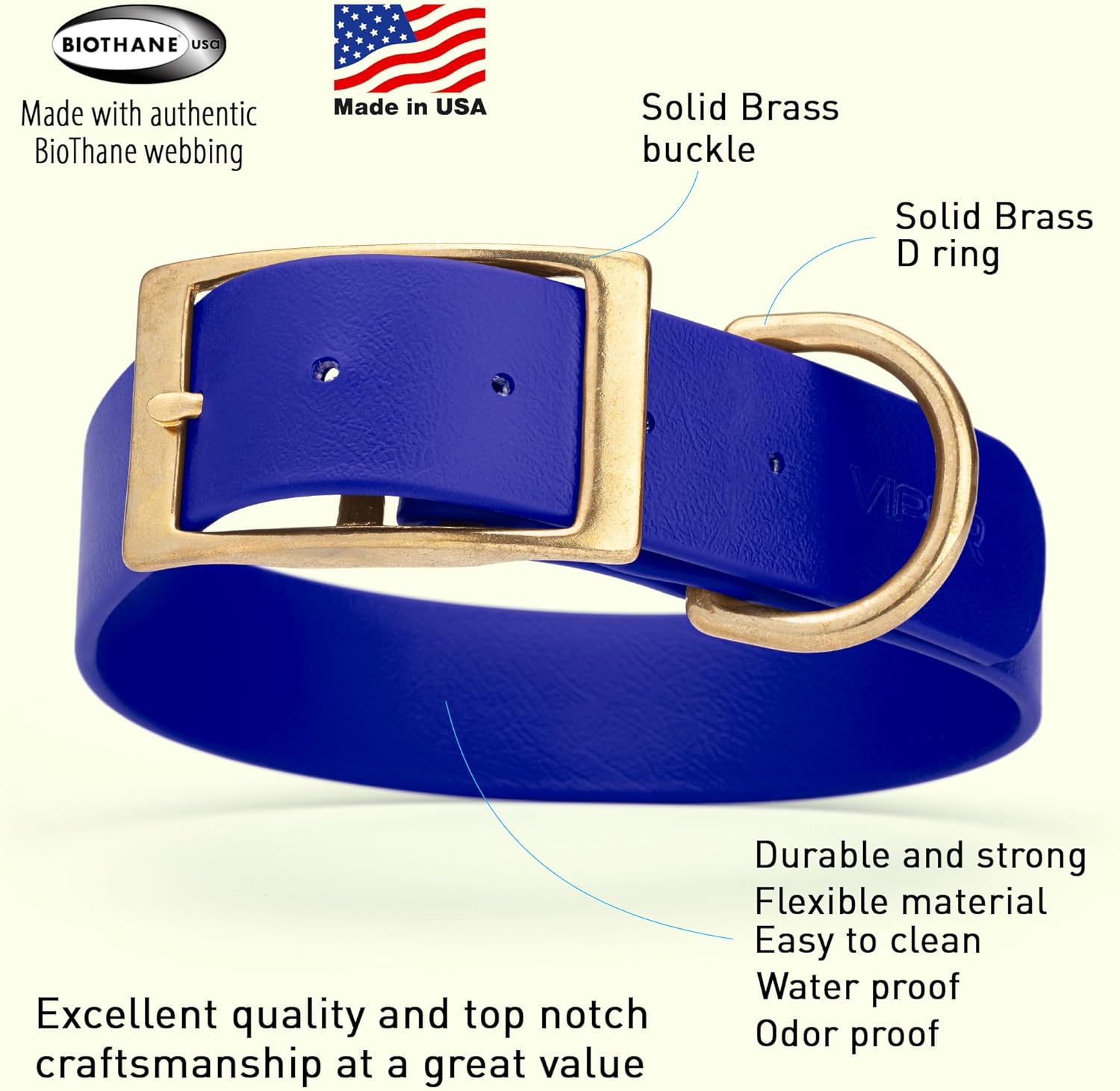 Viper Biothane Heavy Duty Waterproof Dog Collar Strong Coated Nylon Webbing w/Solid Brass Hardware Odor-Proof Easy to Clean High Performance Fits Small Medium or Large Dogs, Blueberry Royal