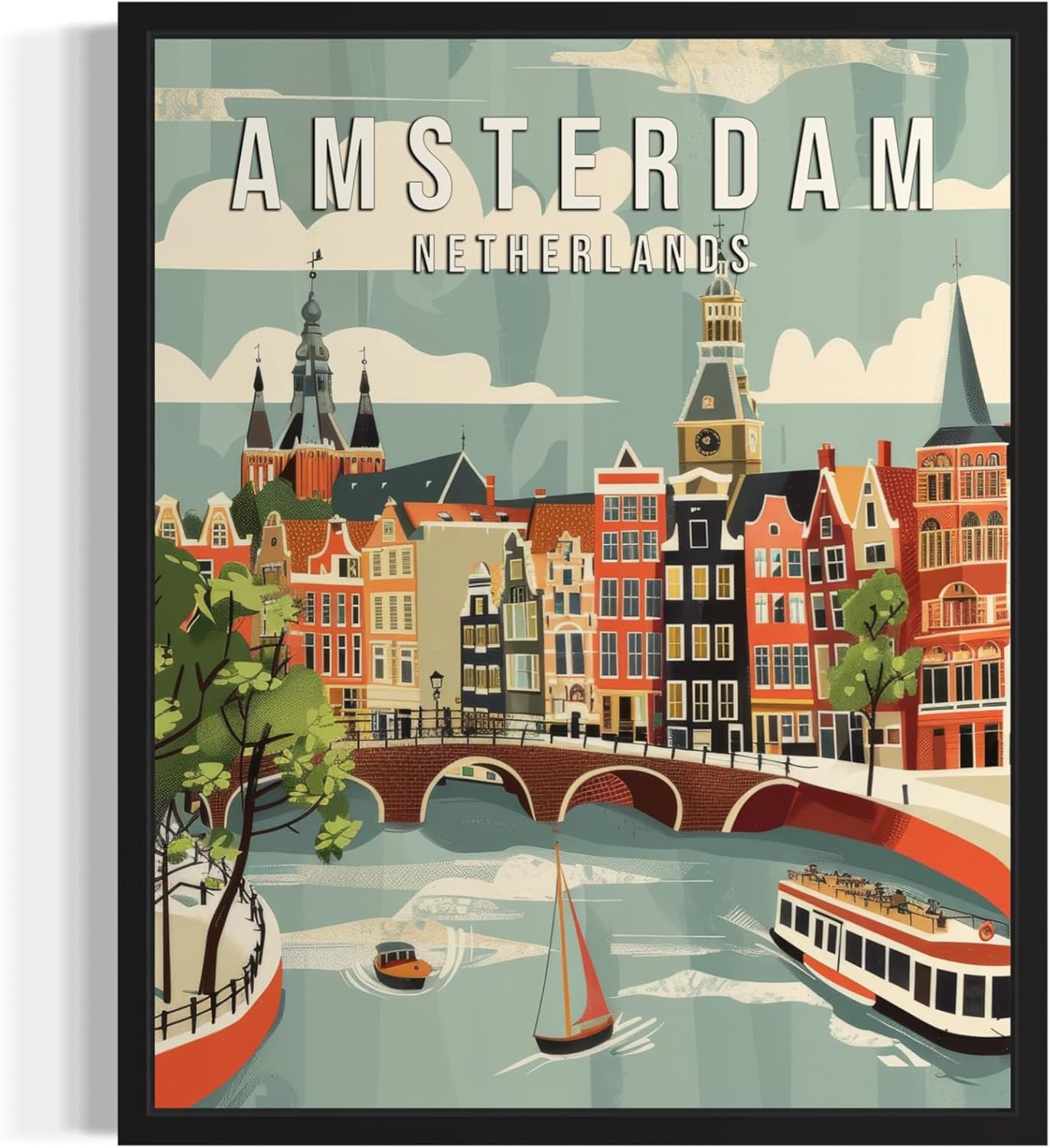Amsterdam Netherlands Art Print Poster, Europe City Skyline Artwork Painting Wall Art Vintage Painting for Bedroom Bathroom Living Room Decor 53 (Amsterdam Netherlands, 8 x 10 inches, Unframed)