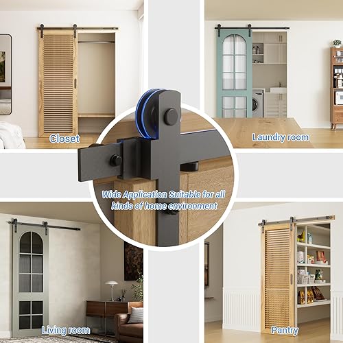 Miniatura 4 de CCJH Kit de herrajes resistentes para puertas corredizas de granero de 6 pies (6 pies), suave y silenciosamente, fácil de instalar, para panel de