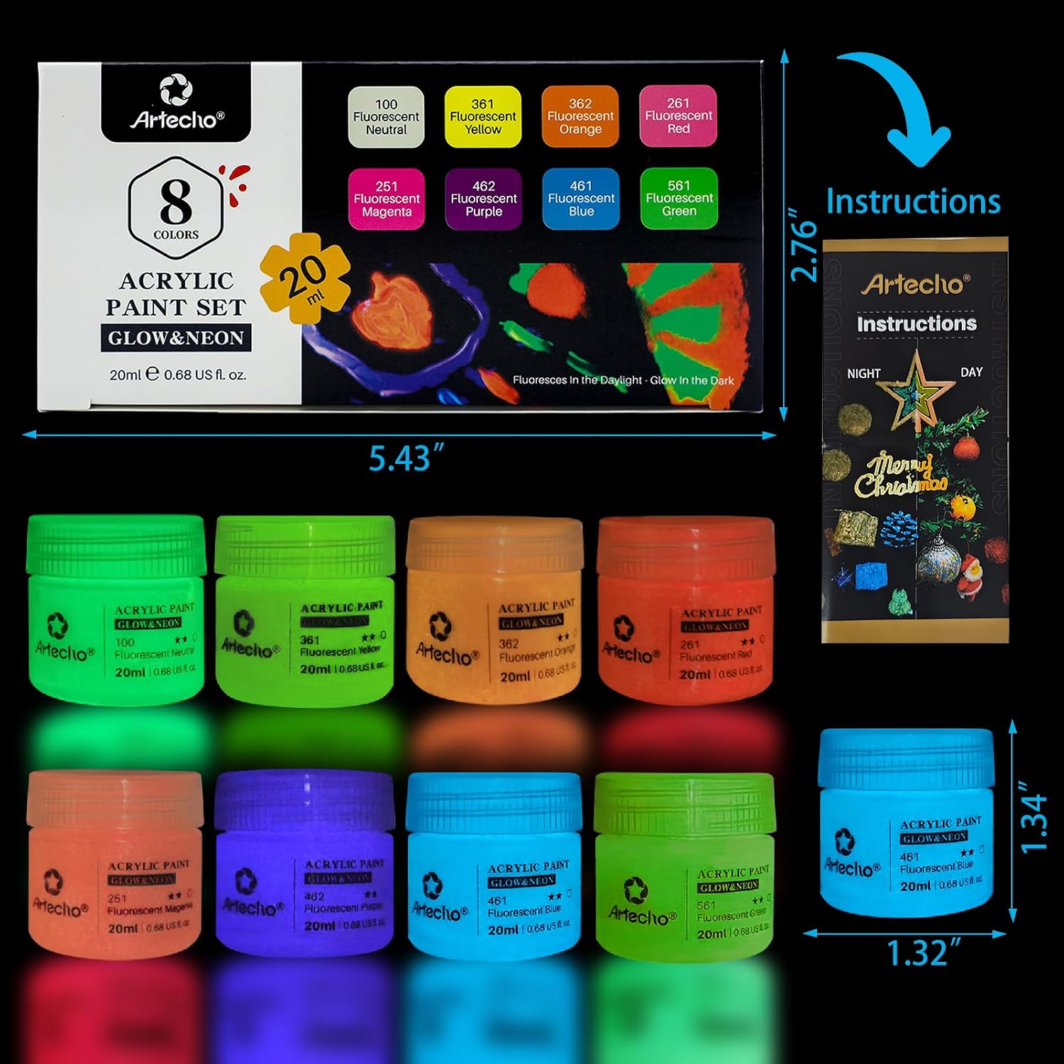 Artecho Glow in the Dark Acrylic Paint Set, 8 Colors x 20ml (0.7oz) | Non-Toxic, Waterproof, For Canvas Rock Wood Fabric, Rich Pigment, For Adults & Hobbyists