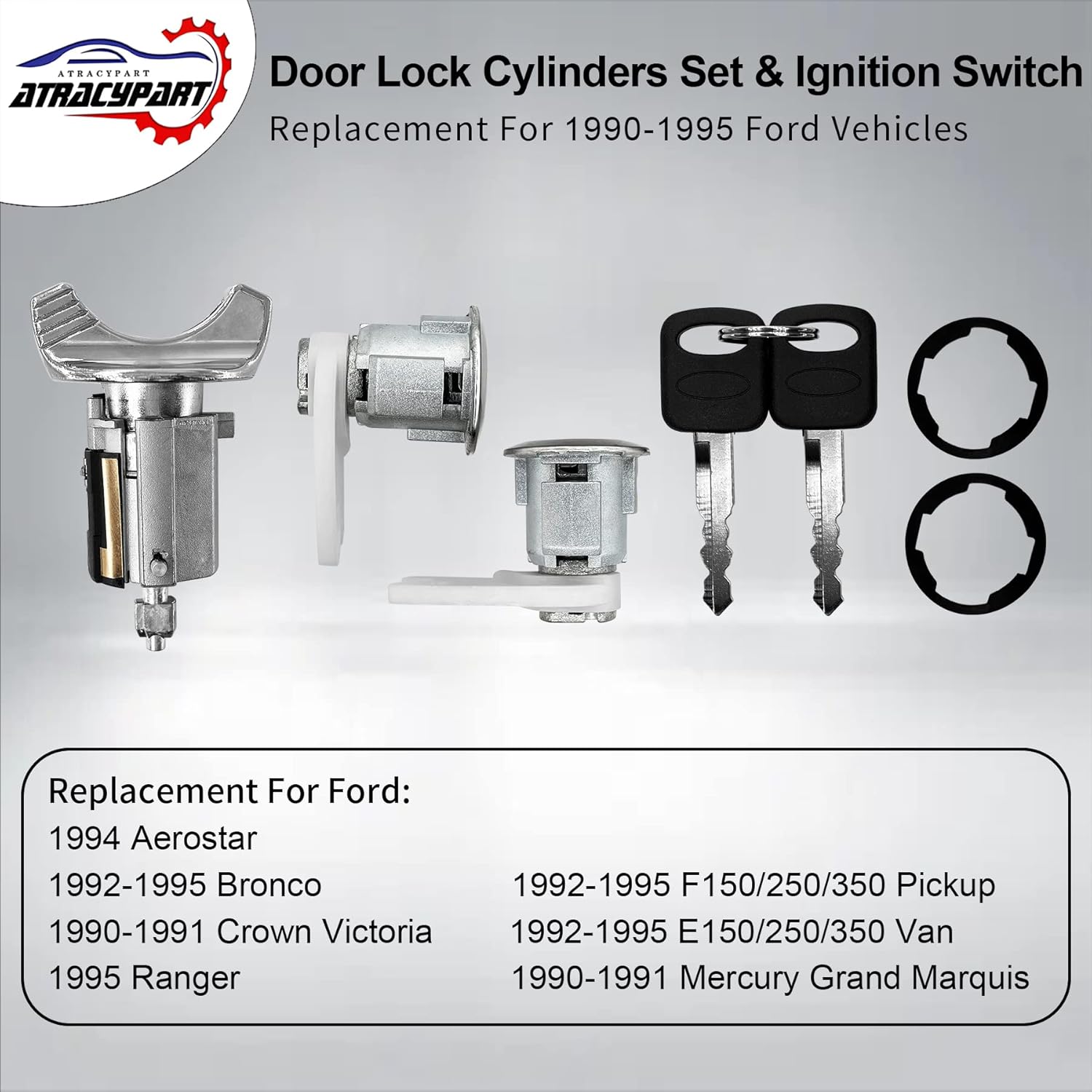 Door Lock Cylinders Set & Ignition Switch with Keys, Compatible With1990-1995 Ford F150/250/350, E150/250/350, Ranger, Bronco & Mercury Grand Marquis Vehicles, Replace OE: C-42-150+DP-42-122