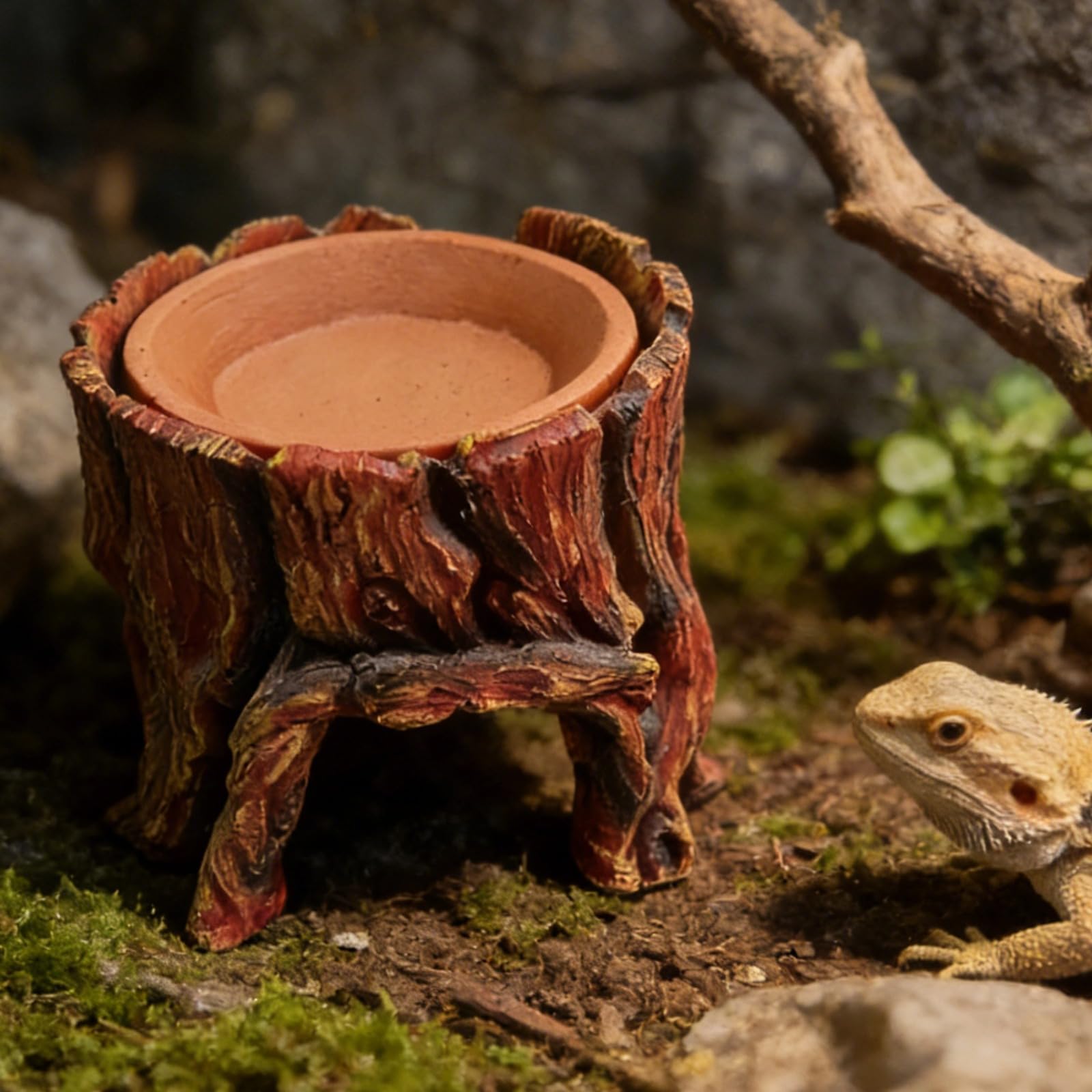 Nascondiglio per rettili marrone a forma di tronco d'albero, grotta umidificante con ciotola dell'acqua in ceramica rimovibile, 13 x 14 x 14 cm, decorazione per acquario, tartaruga di terra, lucertola