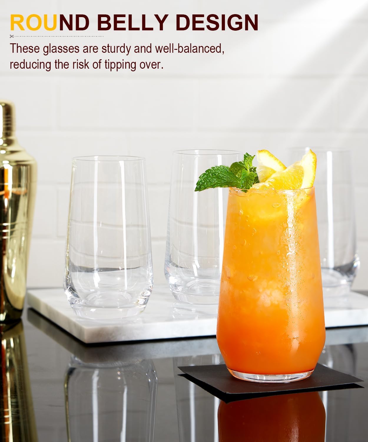 16.2oz Drinking Glasses Set of 8, Tall Water Highball Glasses, Unique Design Lead-Free Crystal Glassware, Glass Cups for Mojito and Mixed Drink Cocktail Glass Set