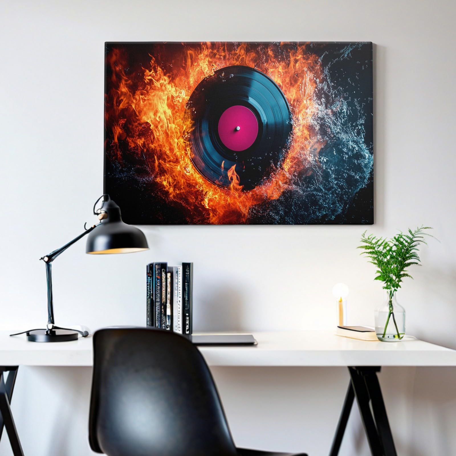 Quadro Moderno Effetto Pittura 70 x 50 cm Dischi in vinile musicali Stampa su Tela Elementi Acqua E Fuoco Decorazione Murale per Soggiorno Camera Cucina Arredo Casa