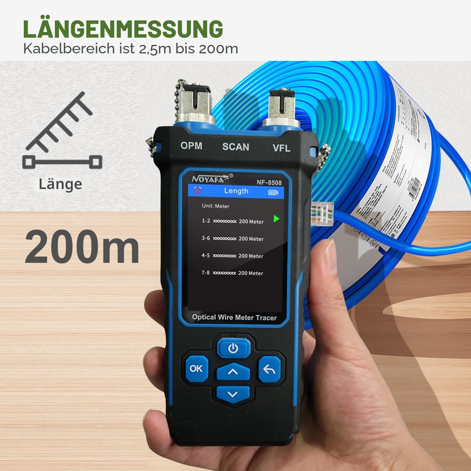 NOYAFA NF-8508 Netzwerkkabeltester mit Optischem Leistungsmesser, Ethernet Kabeltester, RJ45/RJ11 Port Tester, VFL PoE QC Test Kabelprüfer NCV Längentest, Wire Mapping für CAT5/CAT6 Kabel (NF-8508)