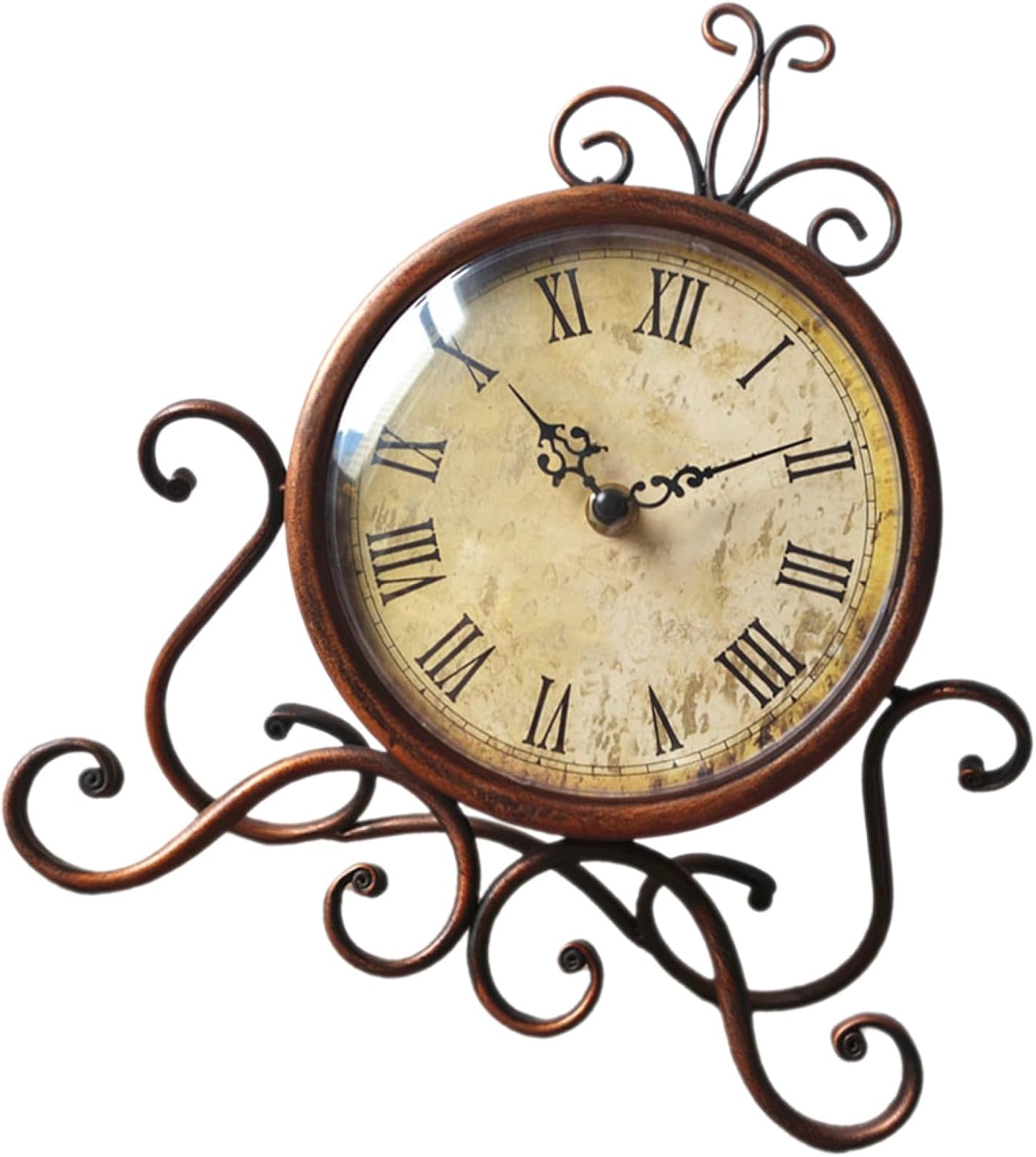 Retro European Style Iron Art Mantel Clock, Brown Desktop Decorative Silent Table Clock for Living Room Fireplace Shelf, Battery-Free Vintage Desk Ornament