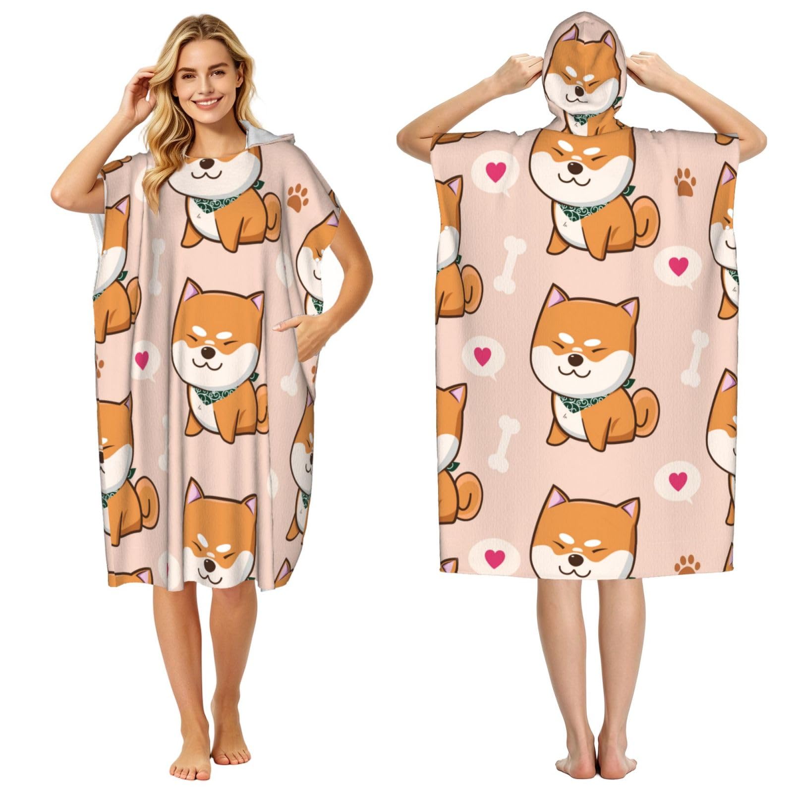 Poadnly Kawaii Cute Shiba Inu, Adult Hooded Beach Towel 90 x 110 cm,Changing Bath Robe, Surf Poncho Towel For Women Men